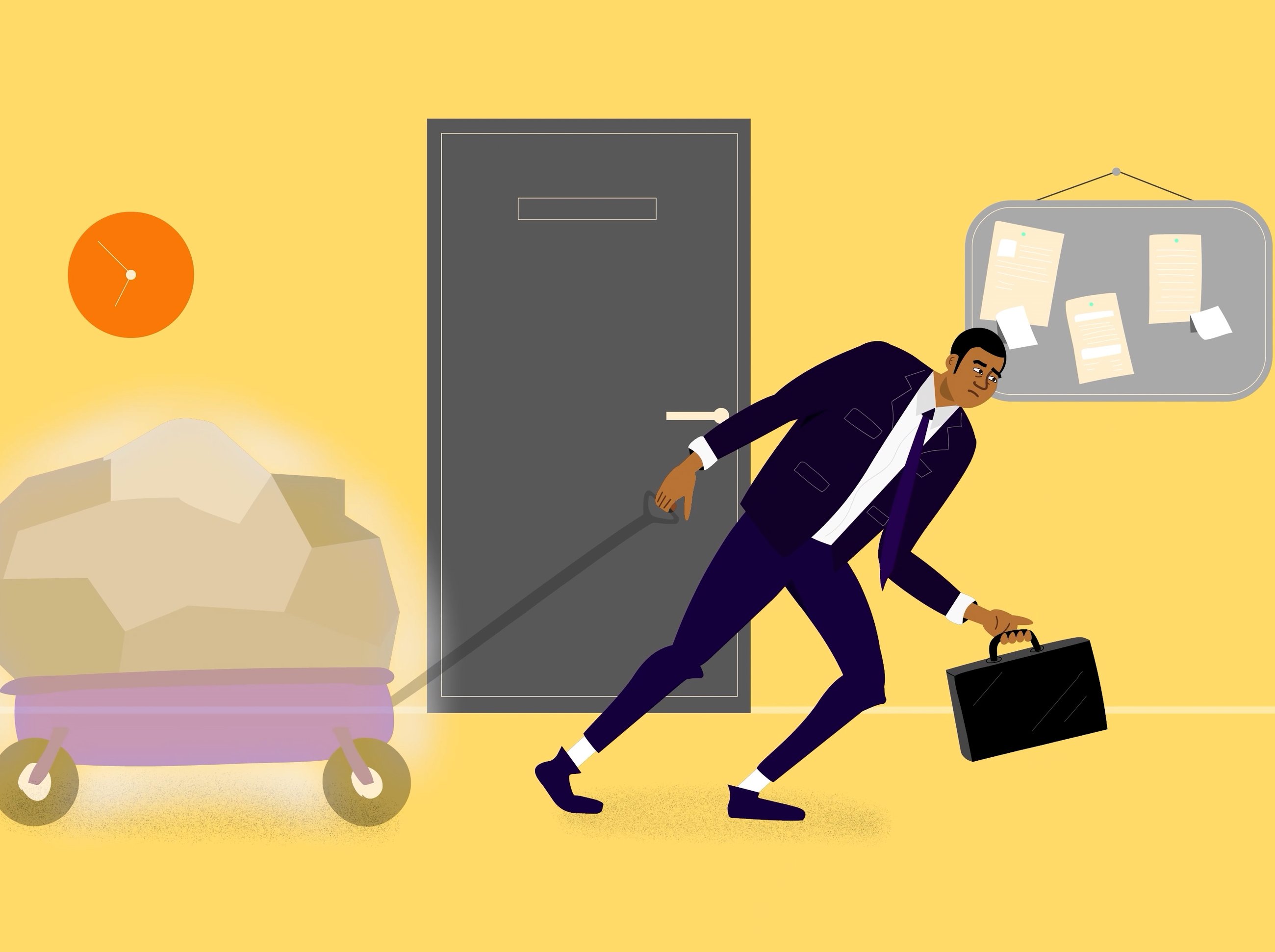 Illustration of a person in a suit pulling a wagon loaded with heavy rocks toward a door