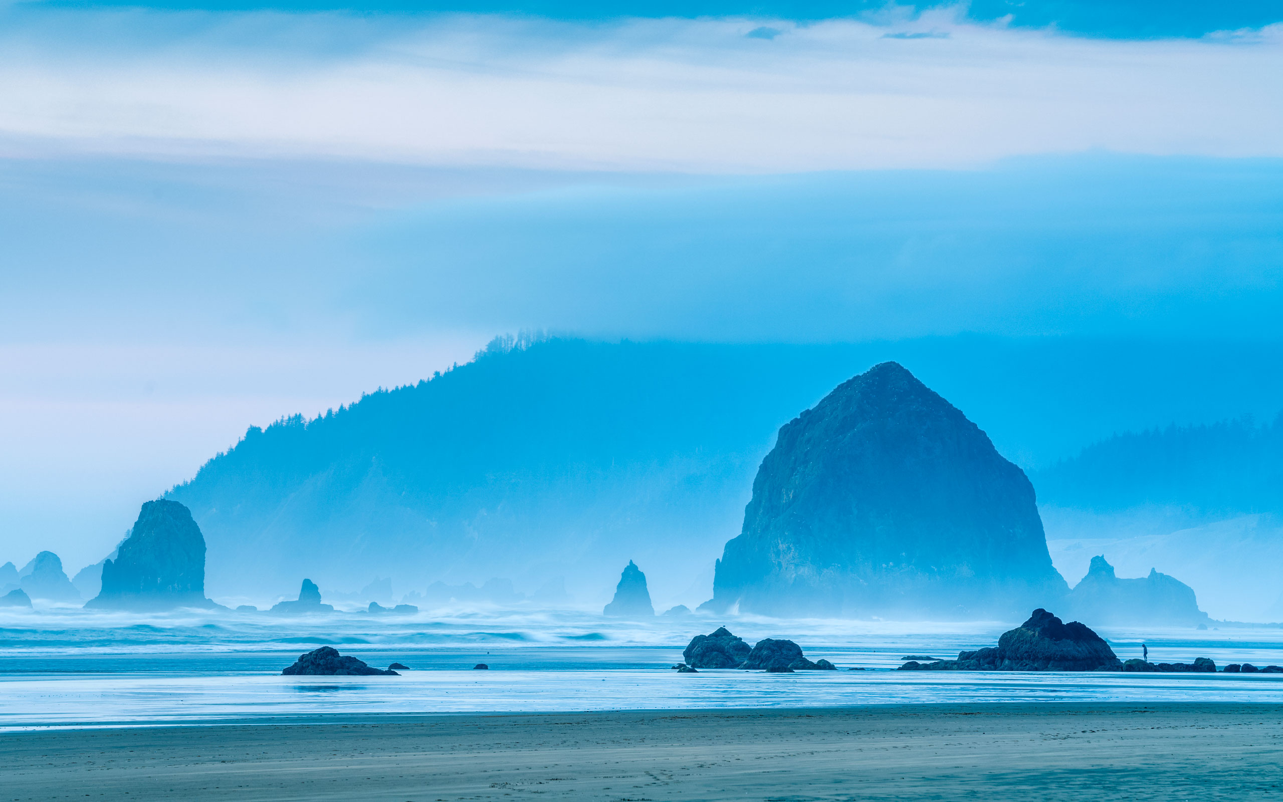 Sea stacks and a large monolith rising from the surf along a misty Oregon coastline at dawn