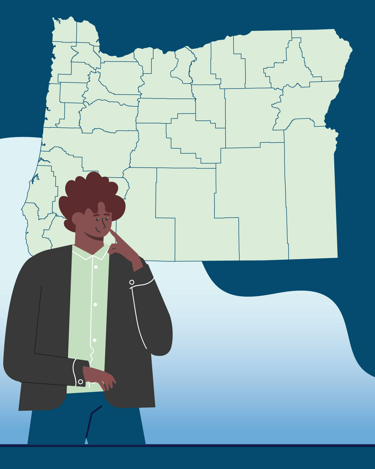 Illustration of a person thoughtfully studying a map of Oregon divided into its counties