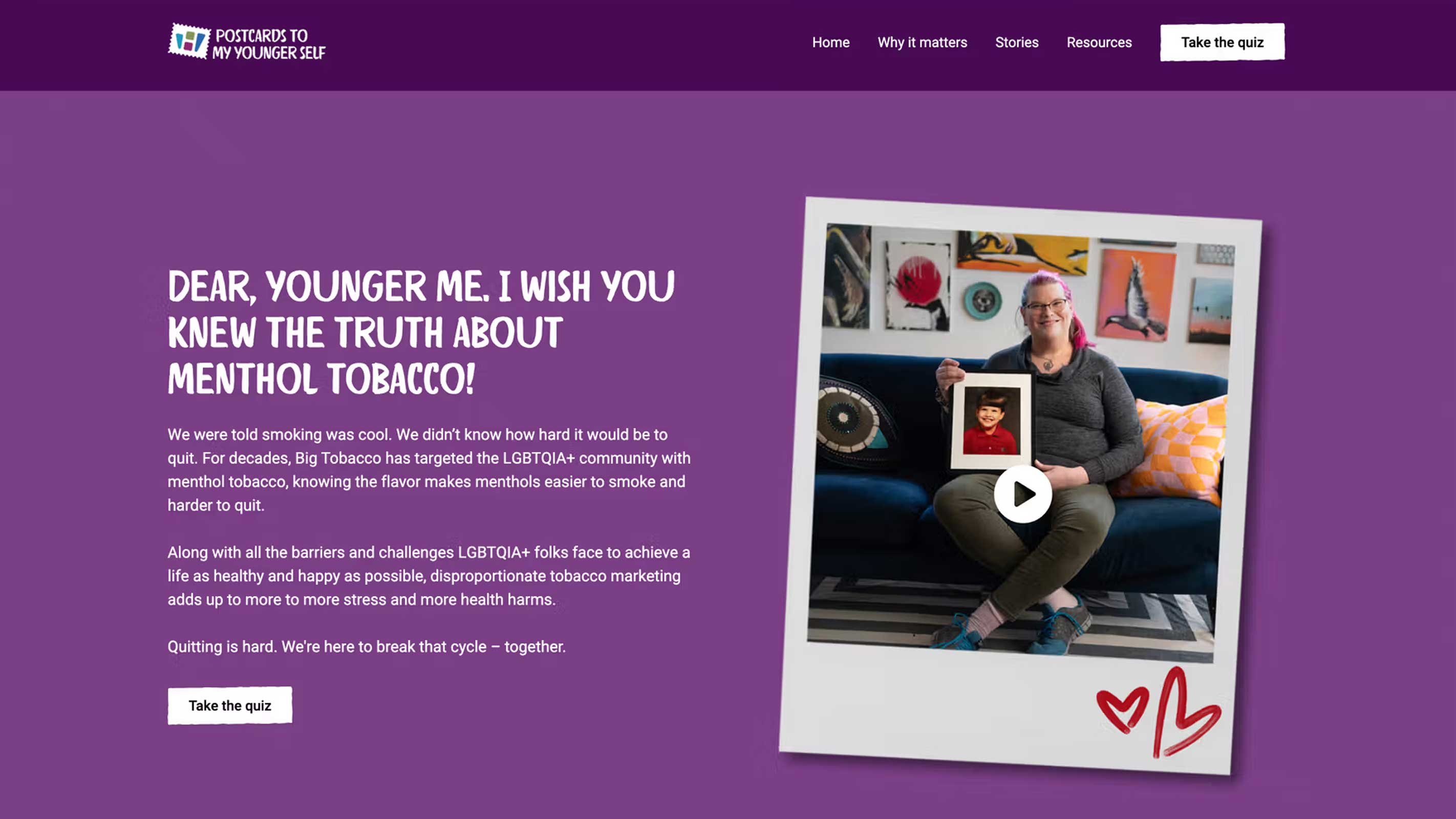 Screenshot of the Postcards to My Younger Self microsite headlined 'Dear, younger me. I wish you knew the truth about menthol tobacco,' beside a video still
