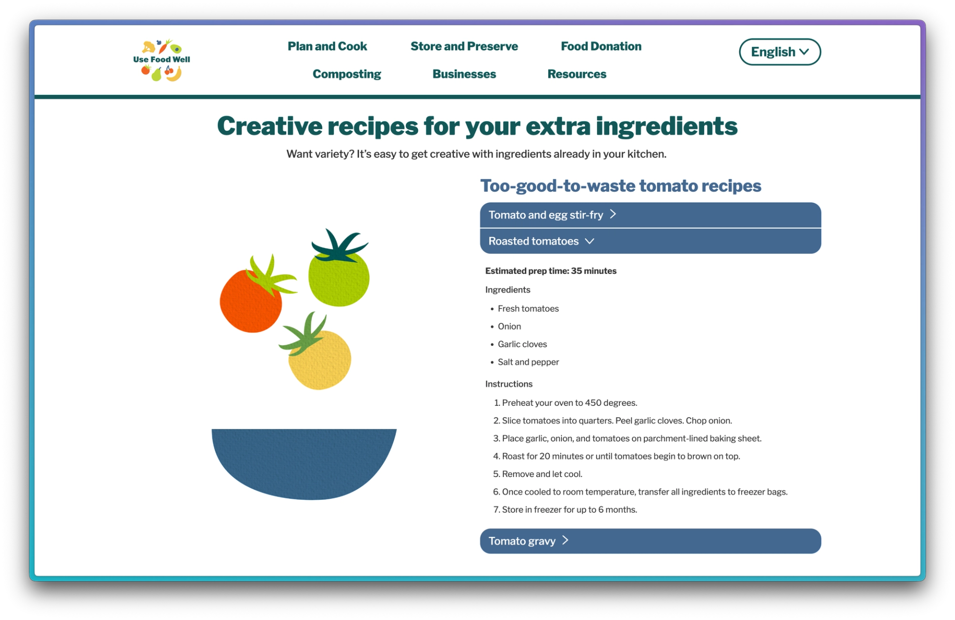 Screenshot of the Use Food Well website recipes page headlined 'Creative recipes for your extra ingredients' with illustrated tomatoes