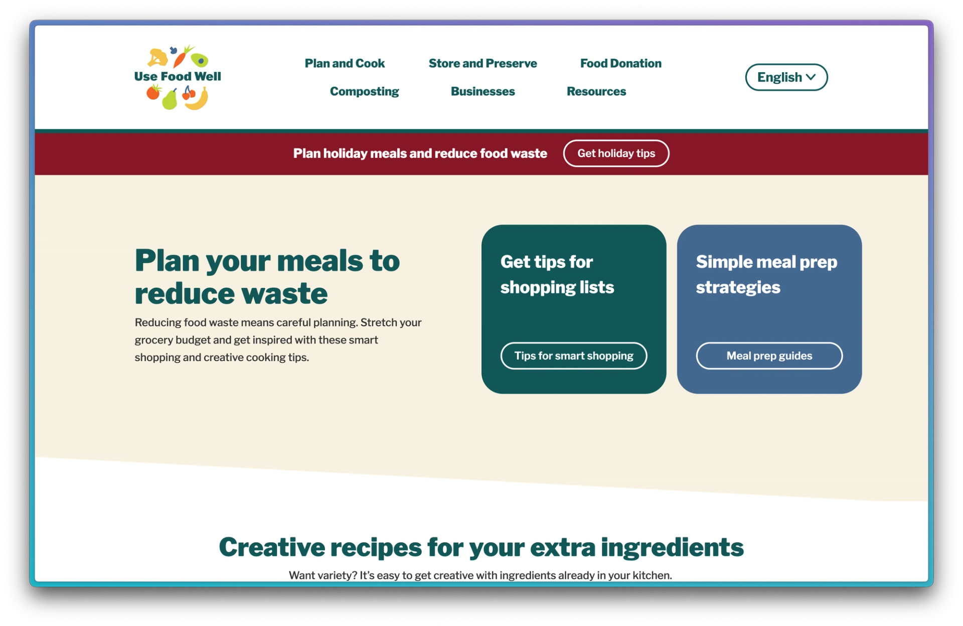 Screenshot of the Use Food Well website meal-planning page headlined 'Plan your meals to reduce waste' with shopping and meal-prep tip cards