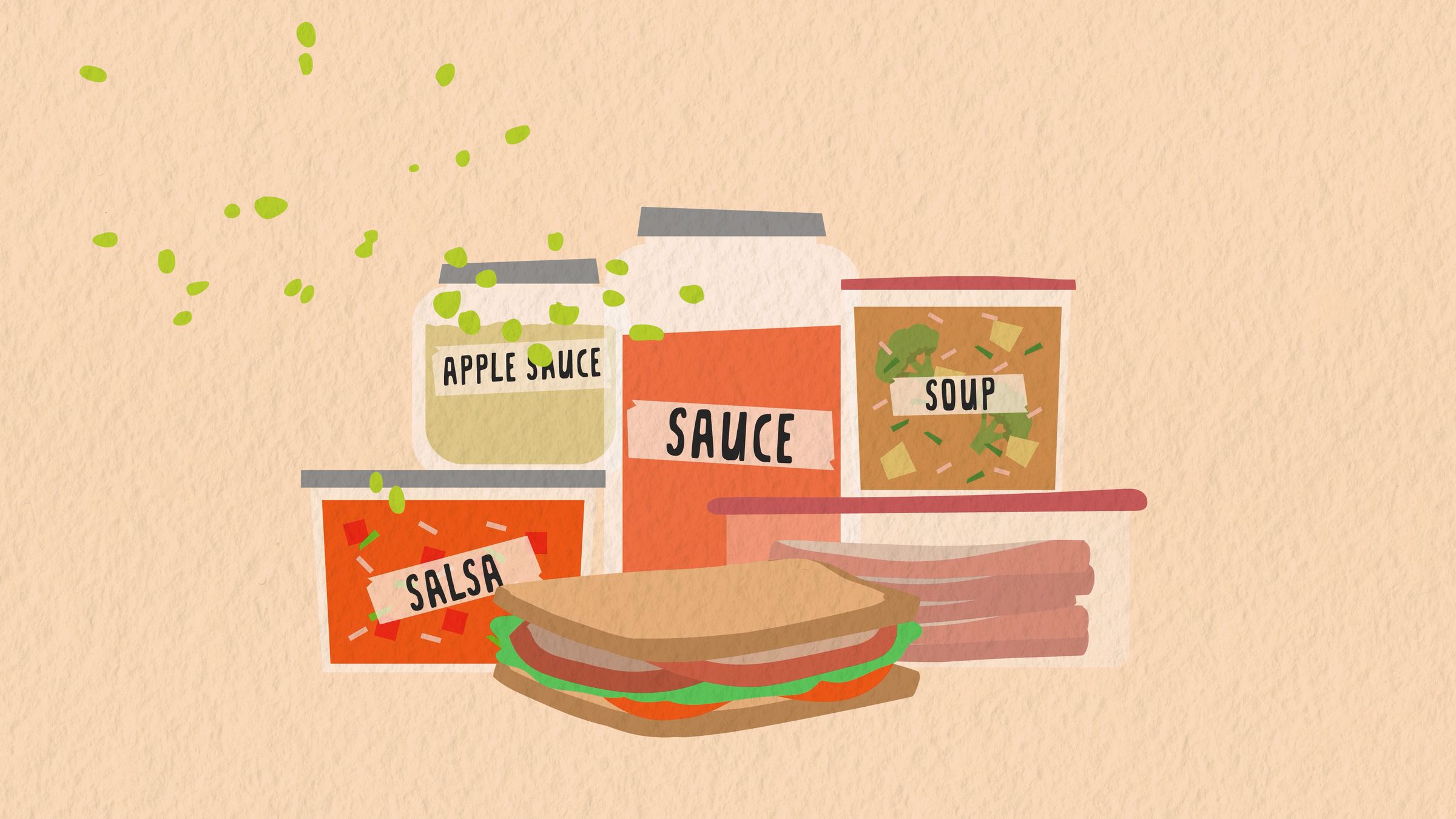 Use Food Well campaign illustration of labeled food storage containers, apple sauce, sauce, soup and salsa, with a sandwich