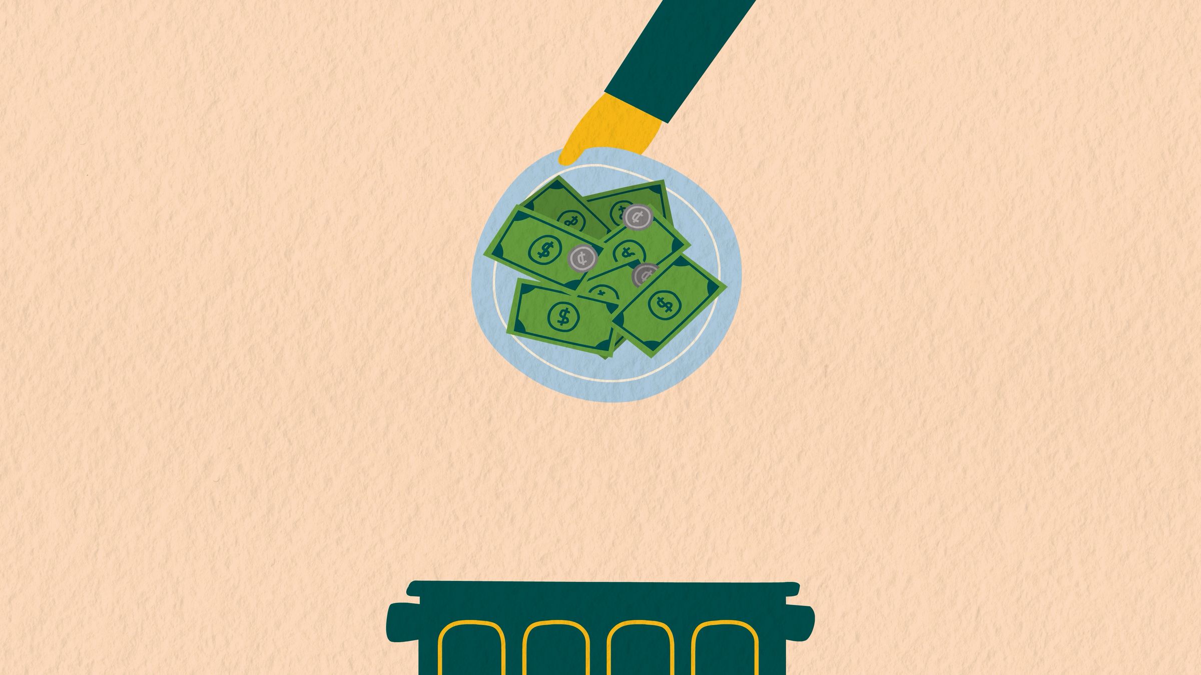 Use Food Well campaign illustration of a hand holding a magnifying glass over a dish of dollar bills