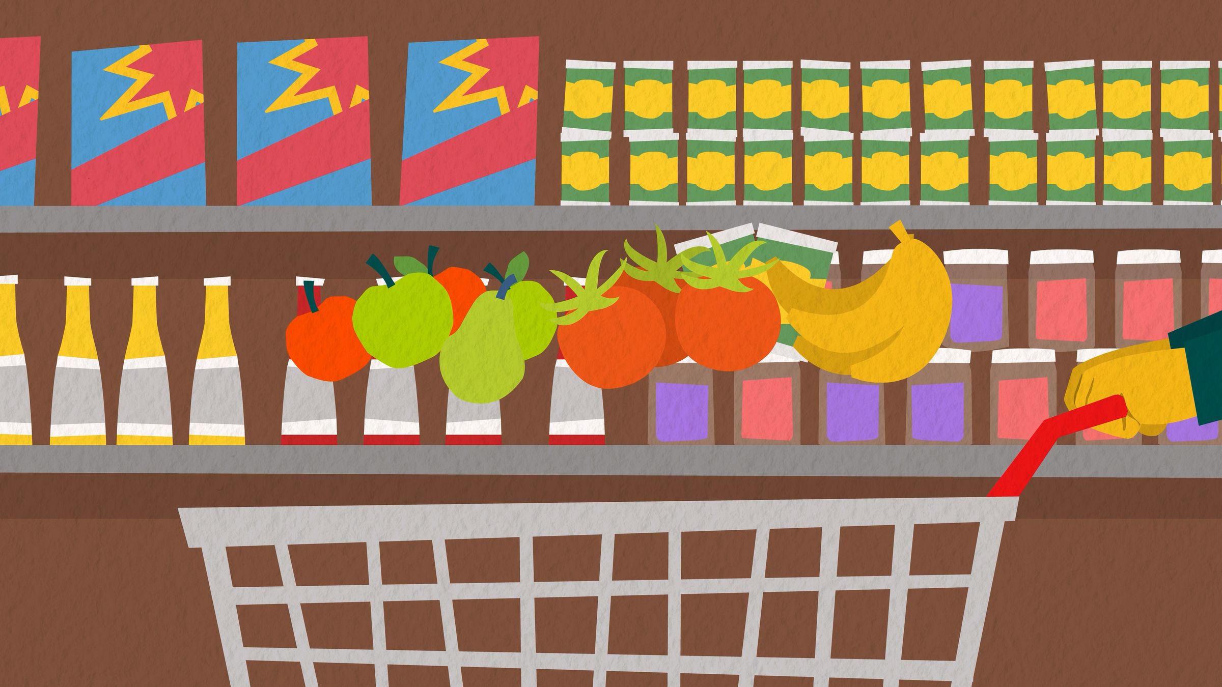 Use Food Well campaign illustration of a hand placing fresh produce into a shopping basket at a grocery store shelf