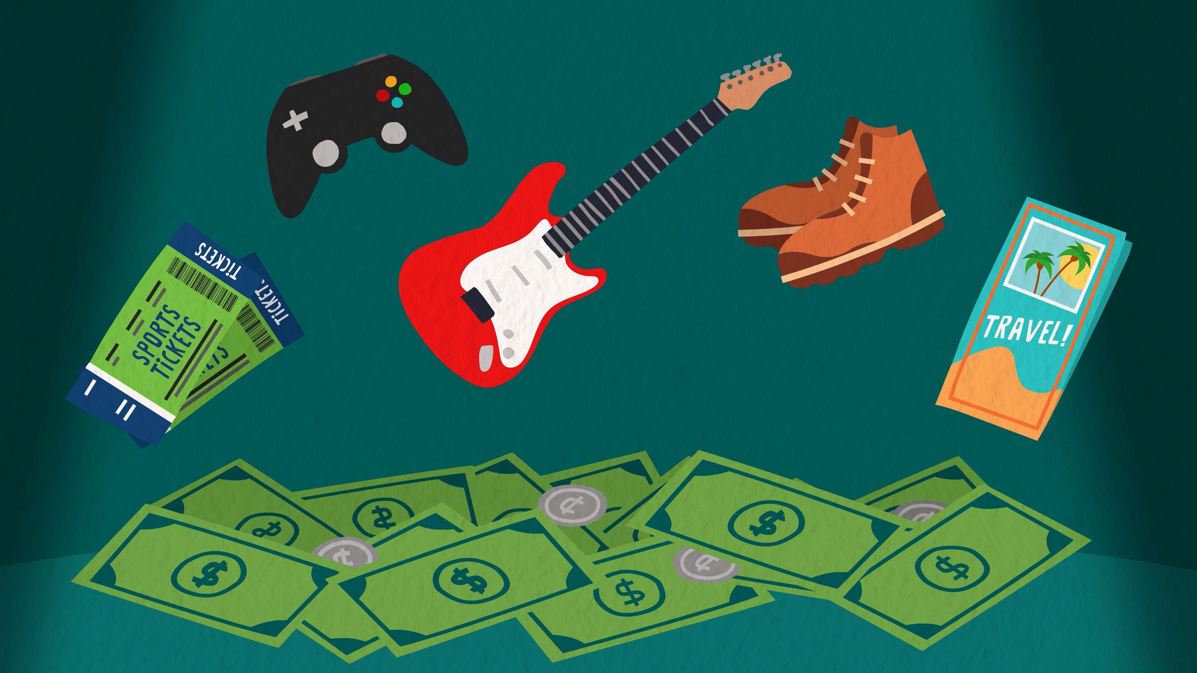 Use Food Well campaign illustration on a teal background of a game controller, guitar, boots, and travel and sports tickets floating above a pile of money
