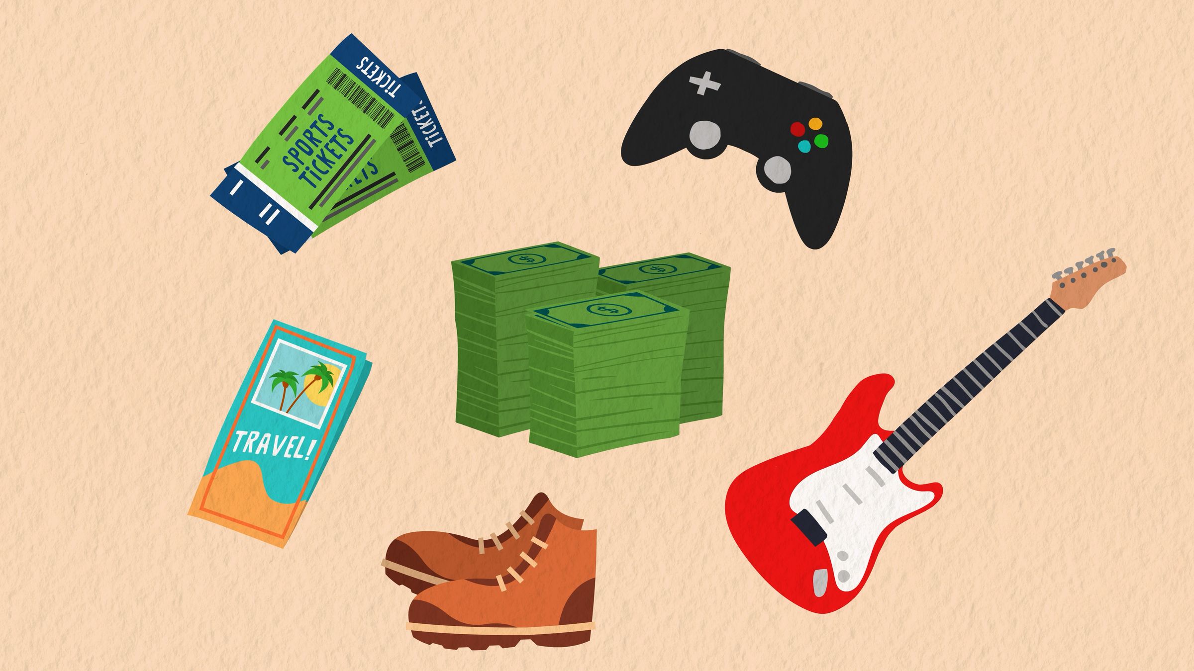Use Food Well campaign illustration on a cream background of sports tickets, a game controller, cash, a travel ticket, boots and a guitar