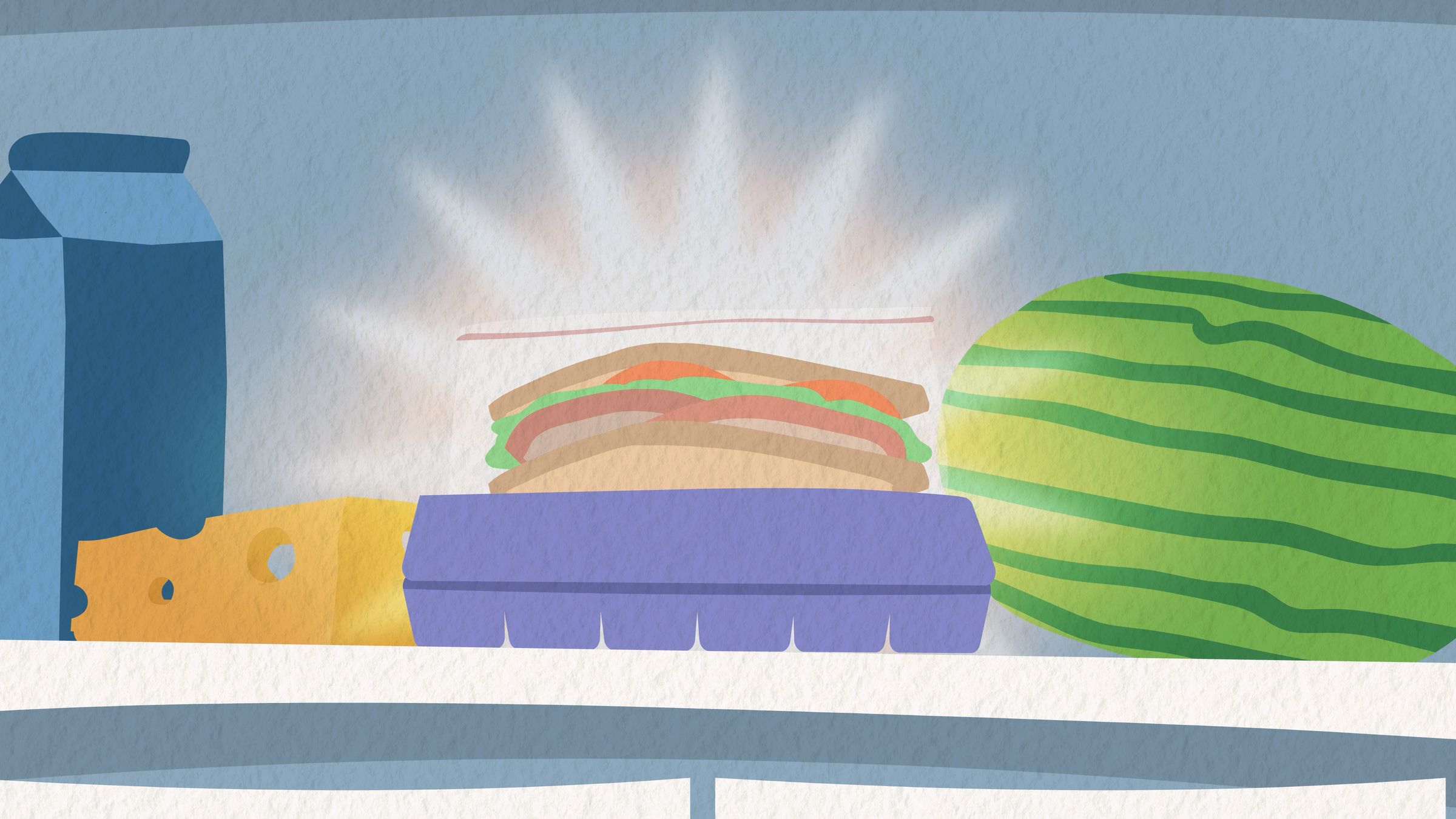 Use Food Well campaign illustration of glowing groceries, a sandwich, watermelon, cheese and milk, on a refrigerator shelf