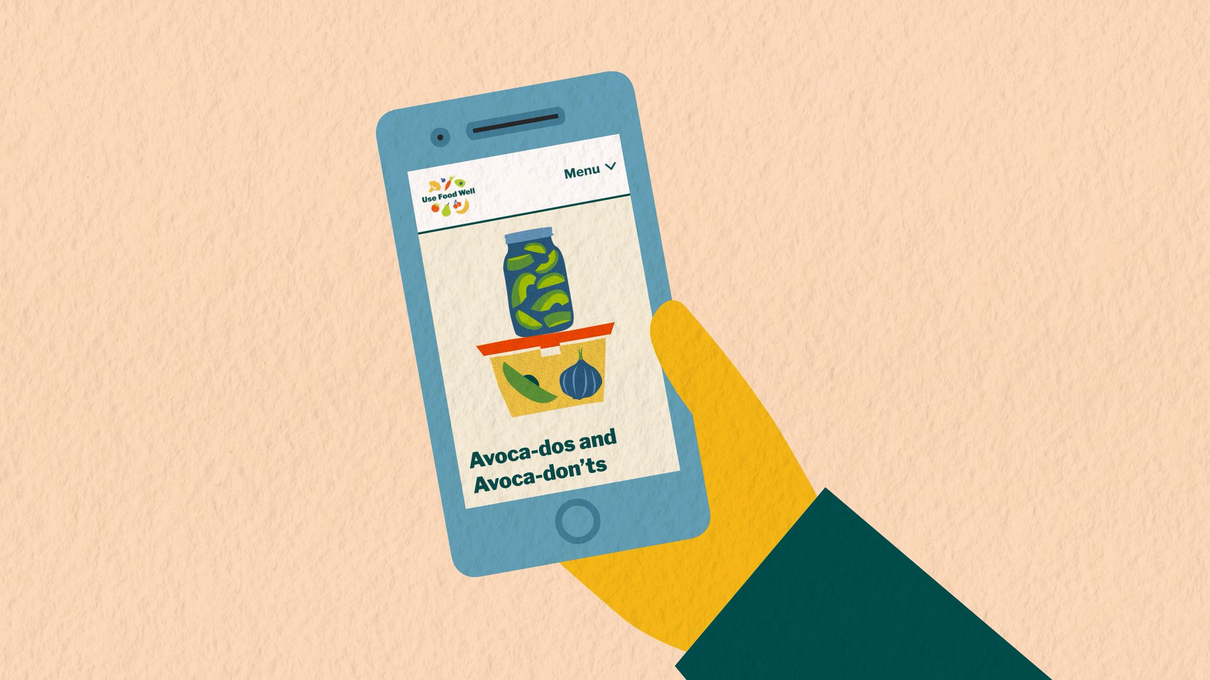 Use Food Well campaign illustration of a hand holding a phone showing the campaign site with the headline Avoca-dos and Avoca-don'ts