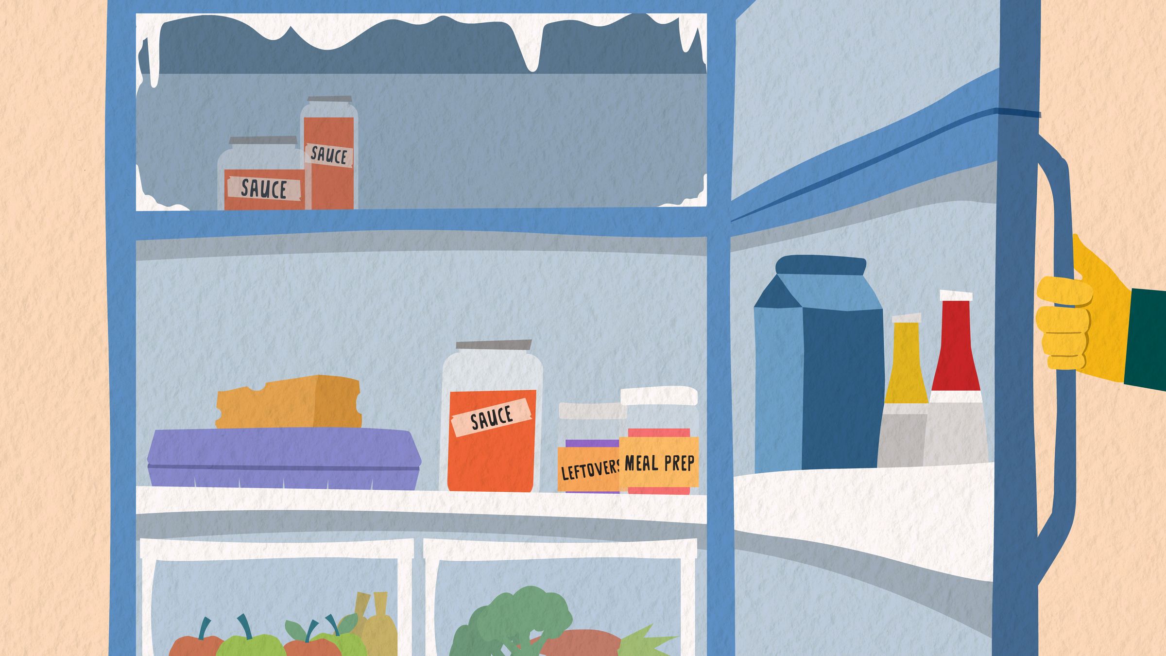 Use Food Well campaign illustration of an organized refrigerator interior with labeled sauces, condiments and produce