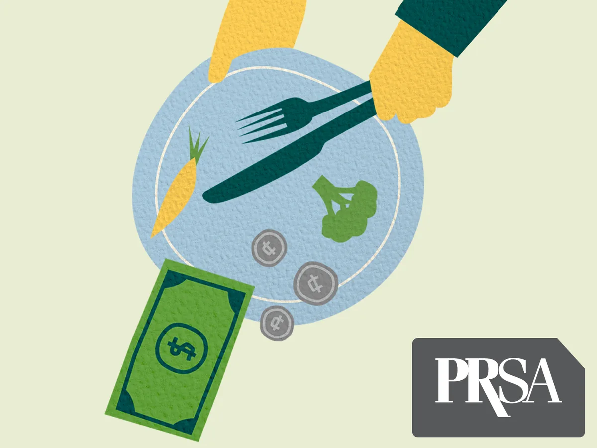 Paper-cut style illustration of hands clearing a plate with a carrot and broccoli left on it, coins and a dollar bill sliding off the edge, and the PRSA logo in the corner.