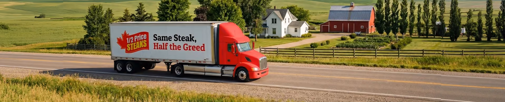 Half Price Steak delivery truck driving past a farm