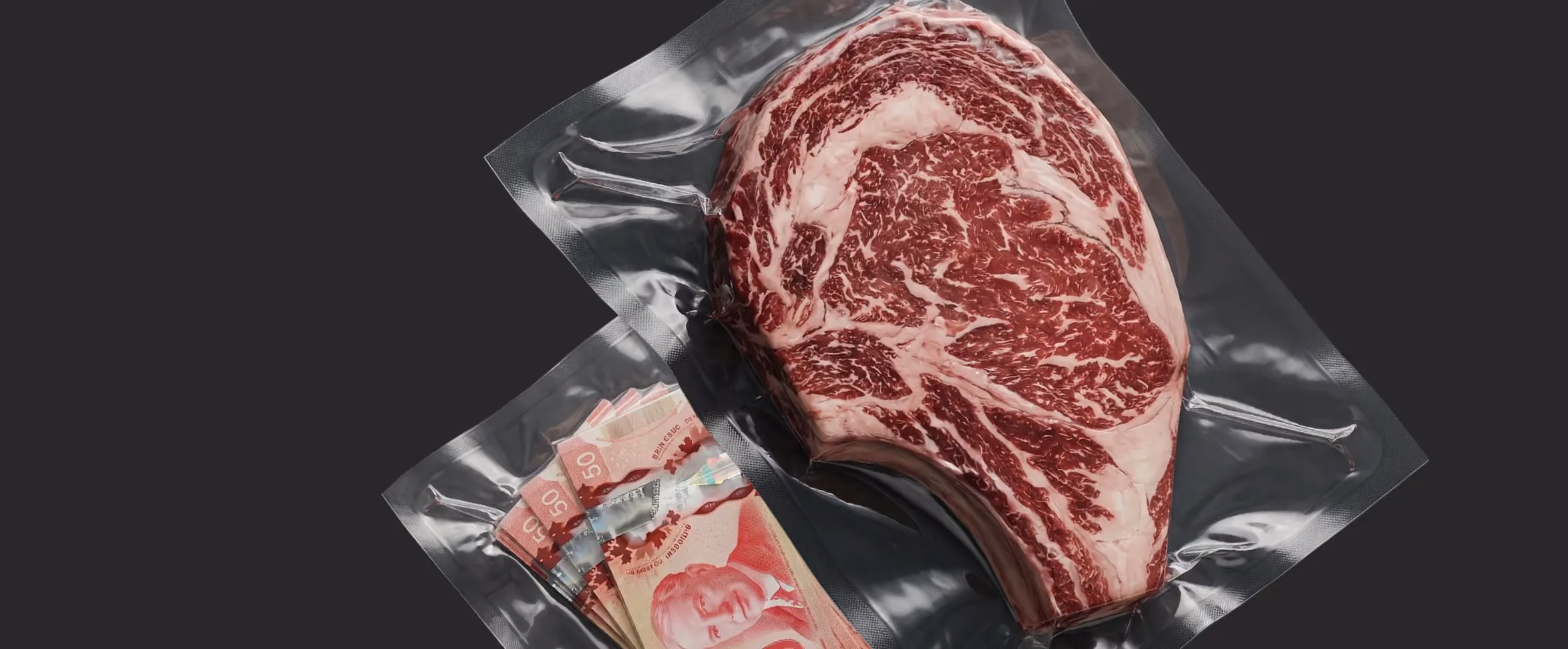 Vacuum-sealed steak in Half Price Steak product packaging