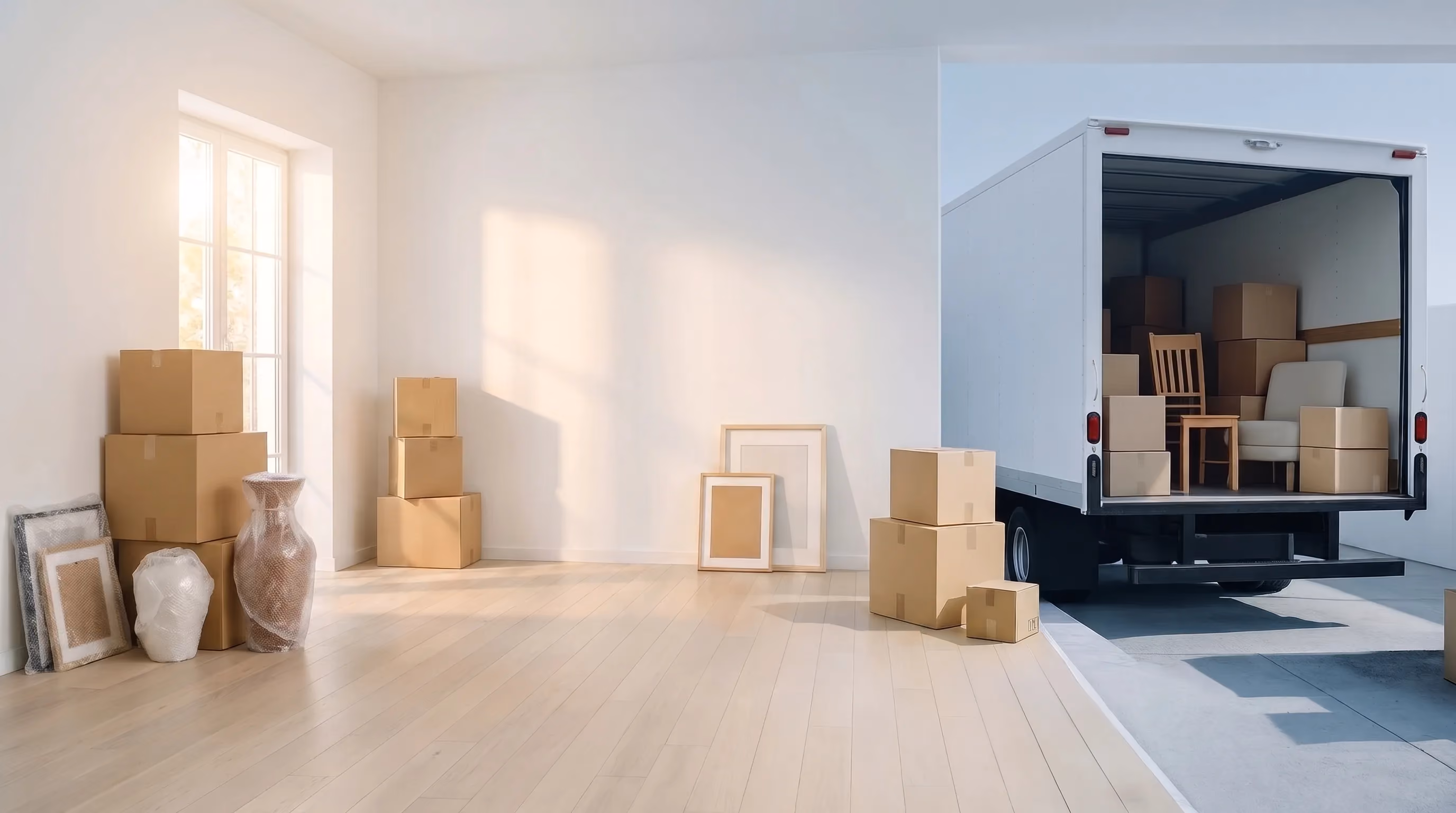 Moving boxes in a bright room with a Discount Mover Ltd. truck outside the window