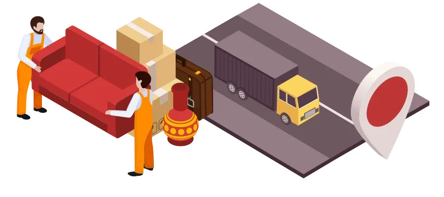 Isometric illustration of movers loading a couch and truck, from the Discount Mover website design