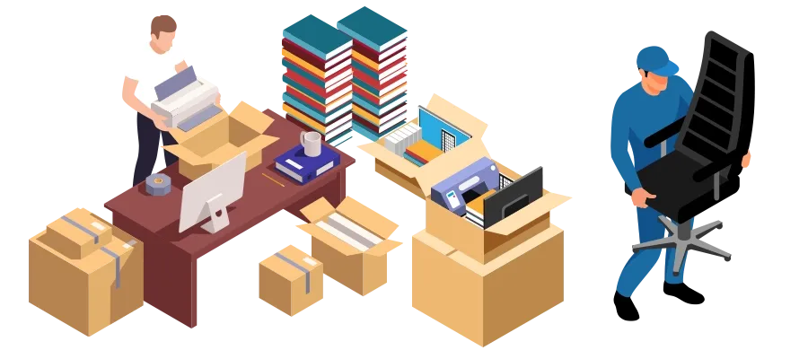 Isometric illustration of an office move with packed boxes, from the Discount Mover website design
