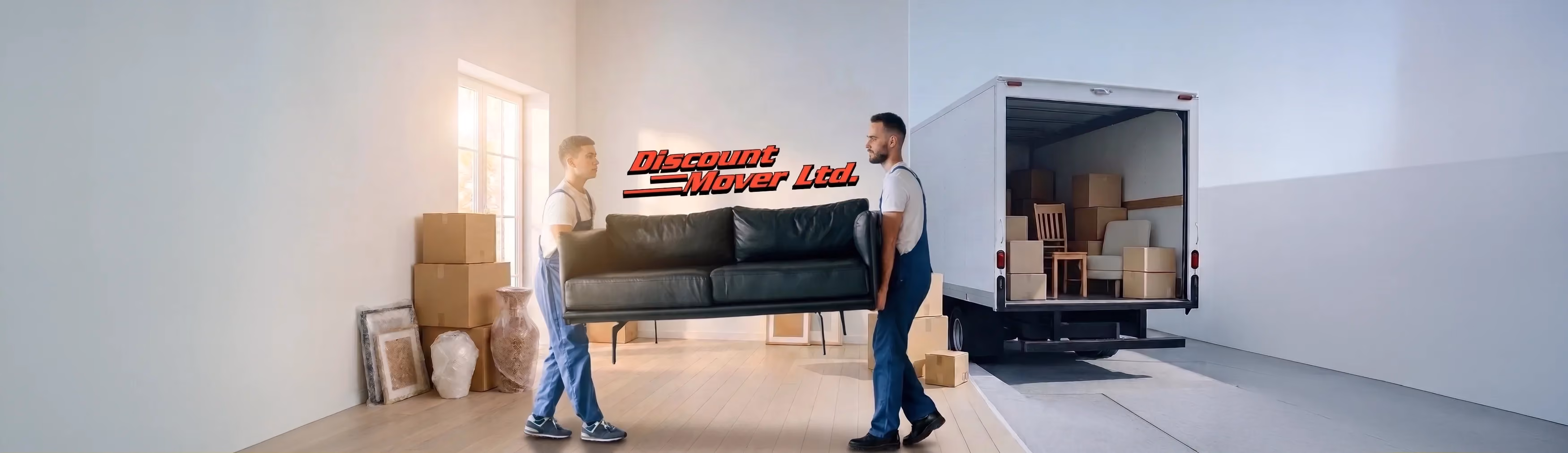 Two Discount Mover Ltd. movers carrying a sofa to a loaded moving truck