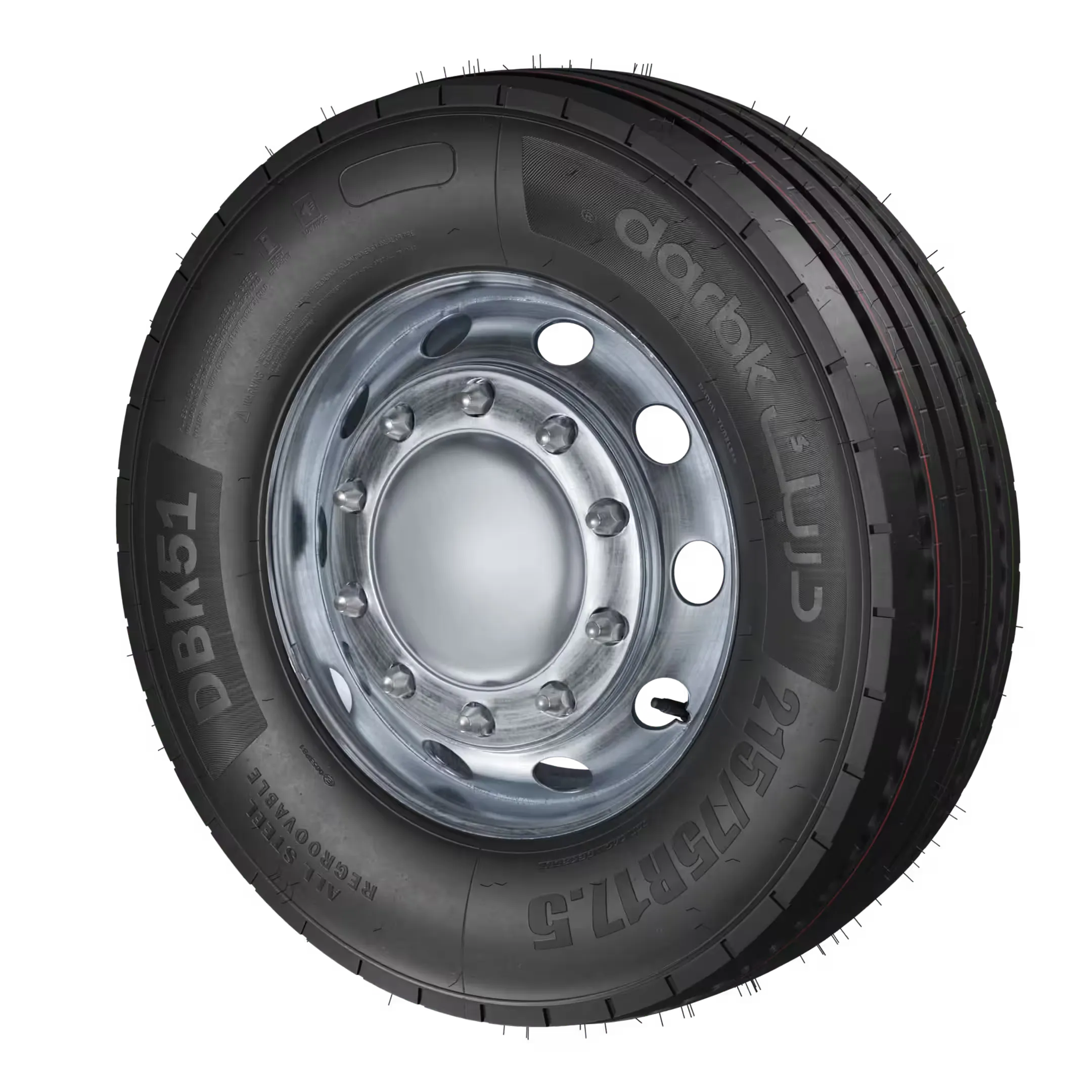 The Darbk Thabat Tread tire is designed for buses and medium-sized trucks operating on long routes and daily trips. It offers quiet grip, driving comfort, and smooth performance. Its internal and external design reduces wear, extends tire life, and enhances safety during continuous use.