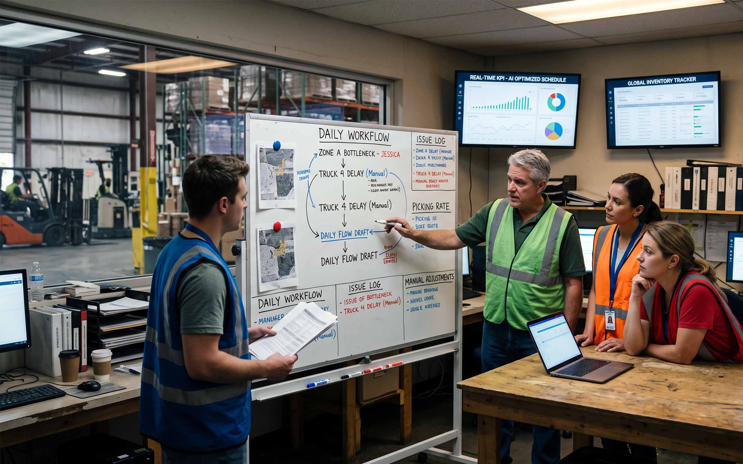 Warehouse team reviews a manually tracked truck delay on a whiteboard, with digital KPI and inventory dashboards behind them.