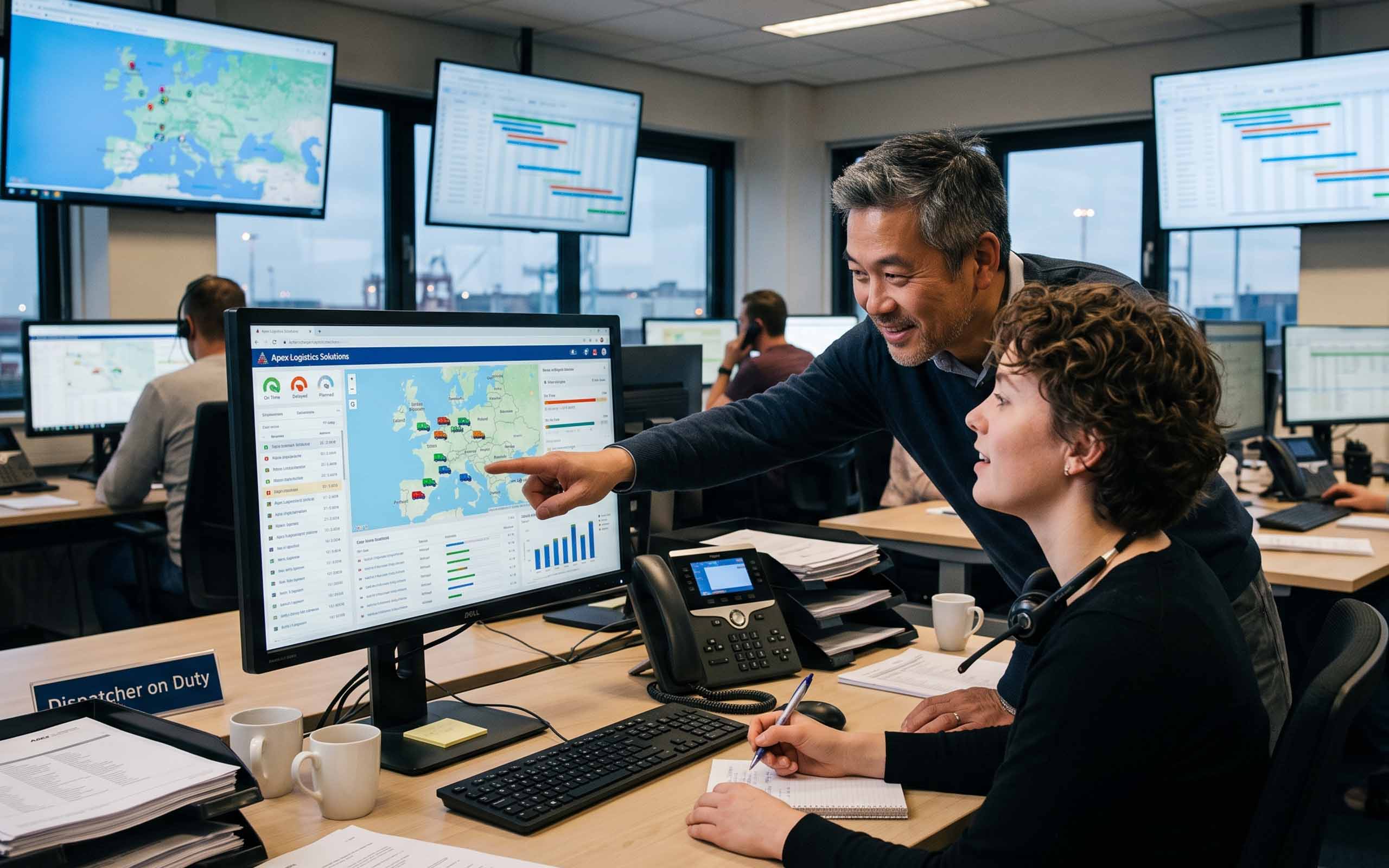 Two logistics staff review shipment locations on a digital map in a dispatch office.