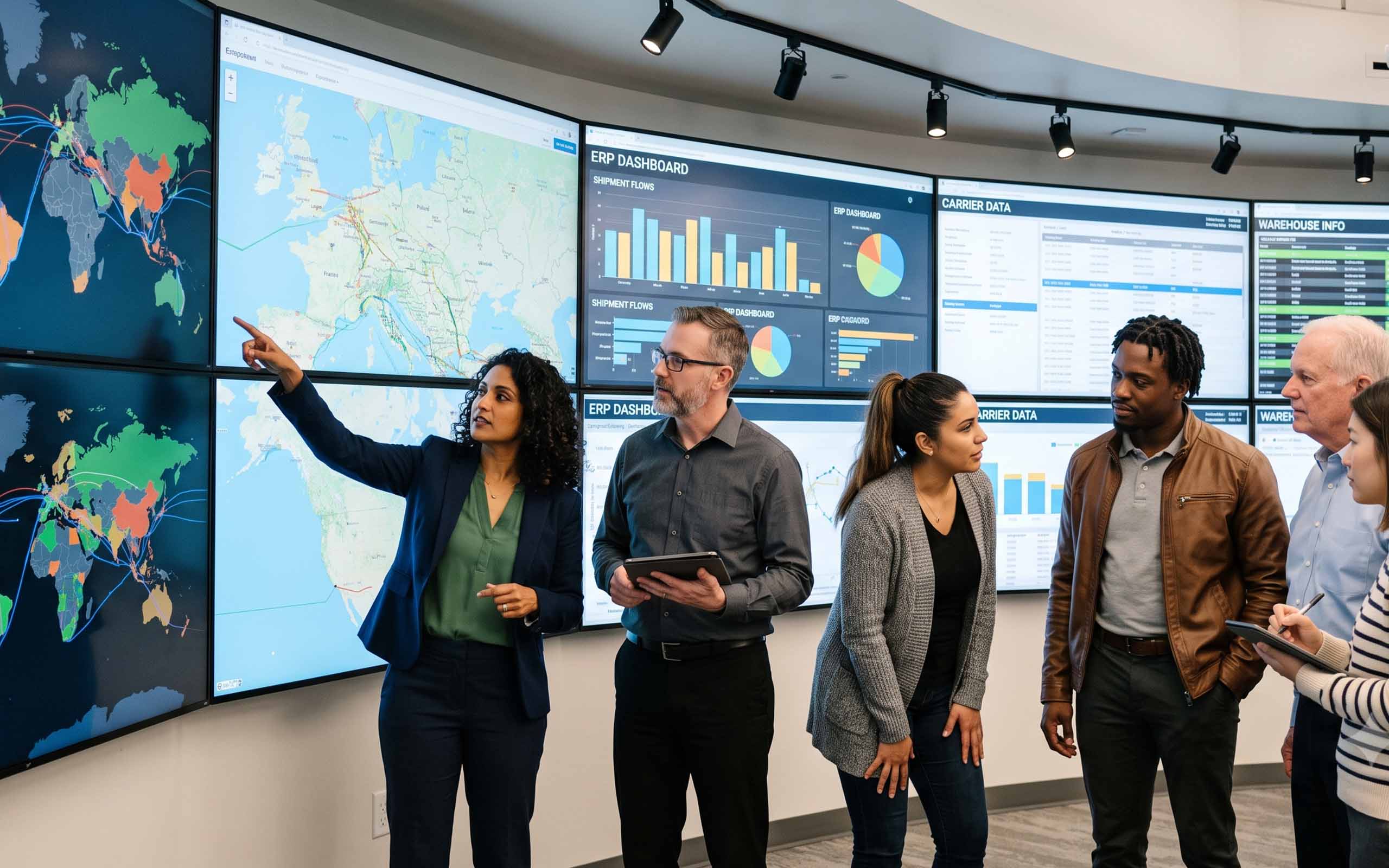 Logistics team reviews data on a wall of dashboards, showing an advanced stage of the digital transformation maturity model.