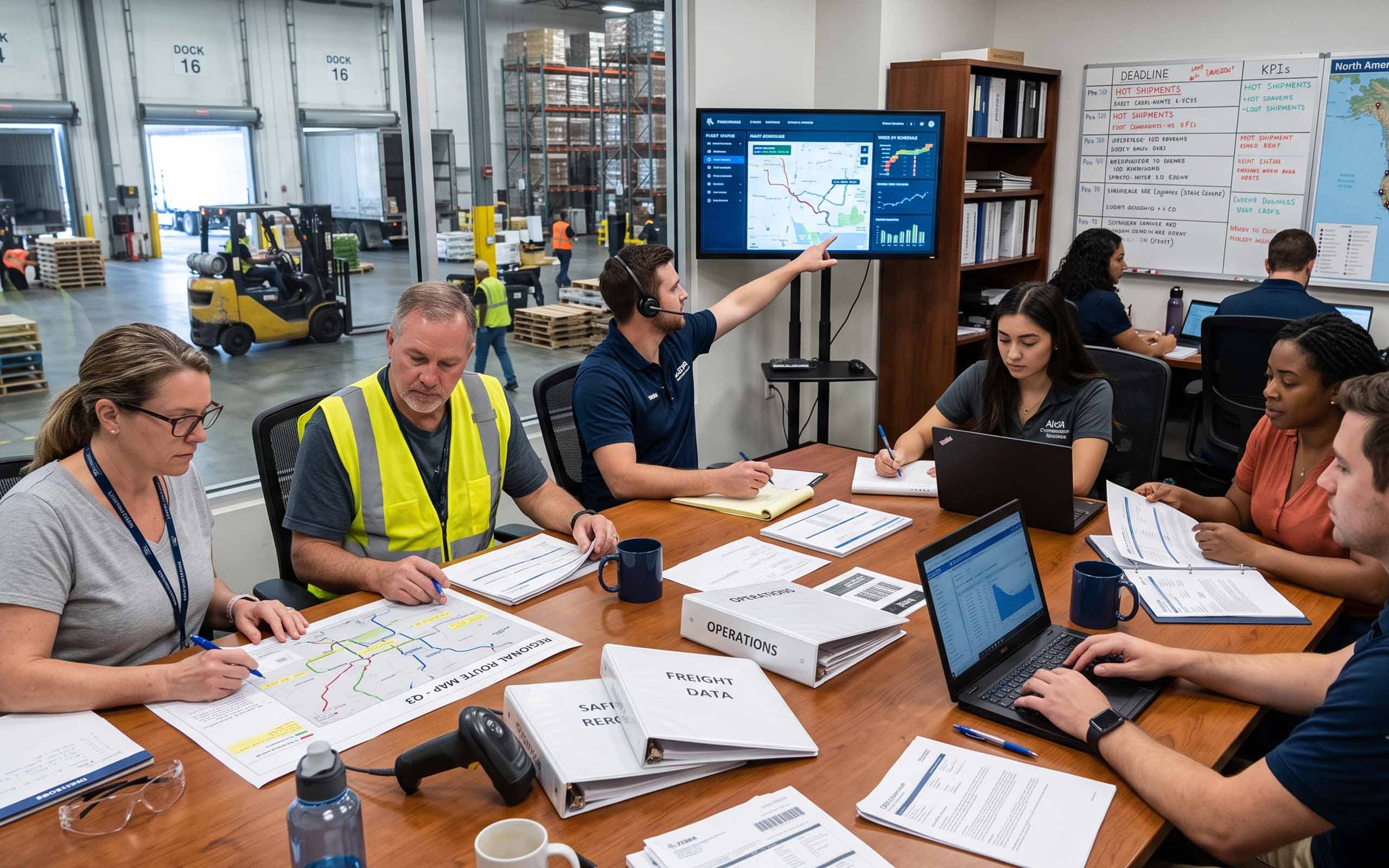 Logistics team reviews paper route maps and freight documents alongside a digital tracking dashboard in a warehouse office.