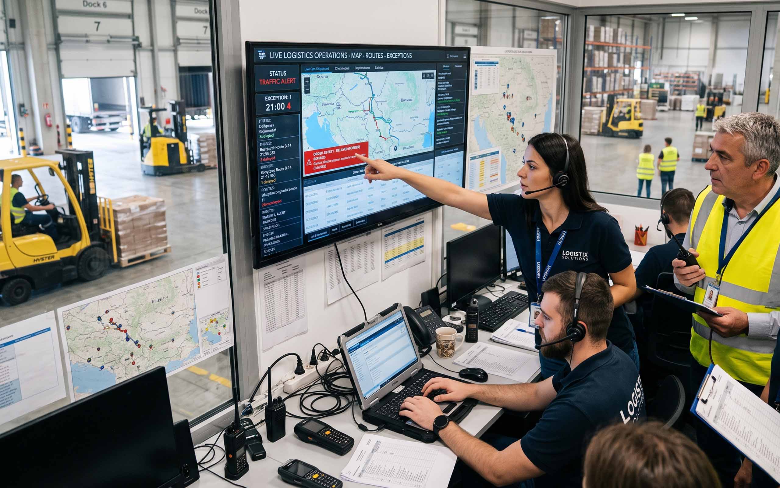 Logistics staff monitor a traffic alert and delayed delivery on a live route dashboard beside a warehouse.