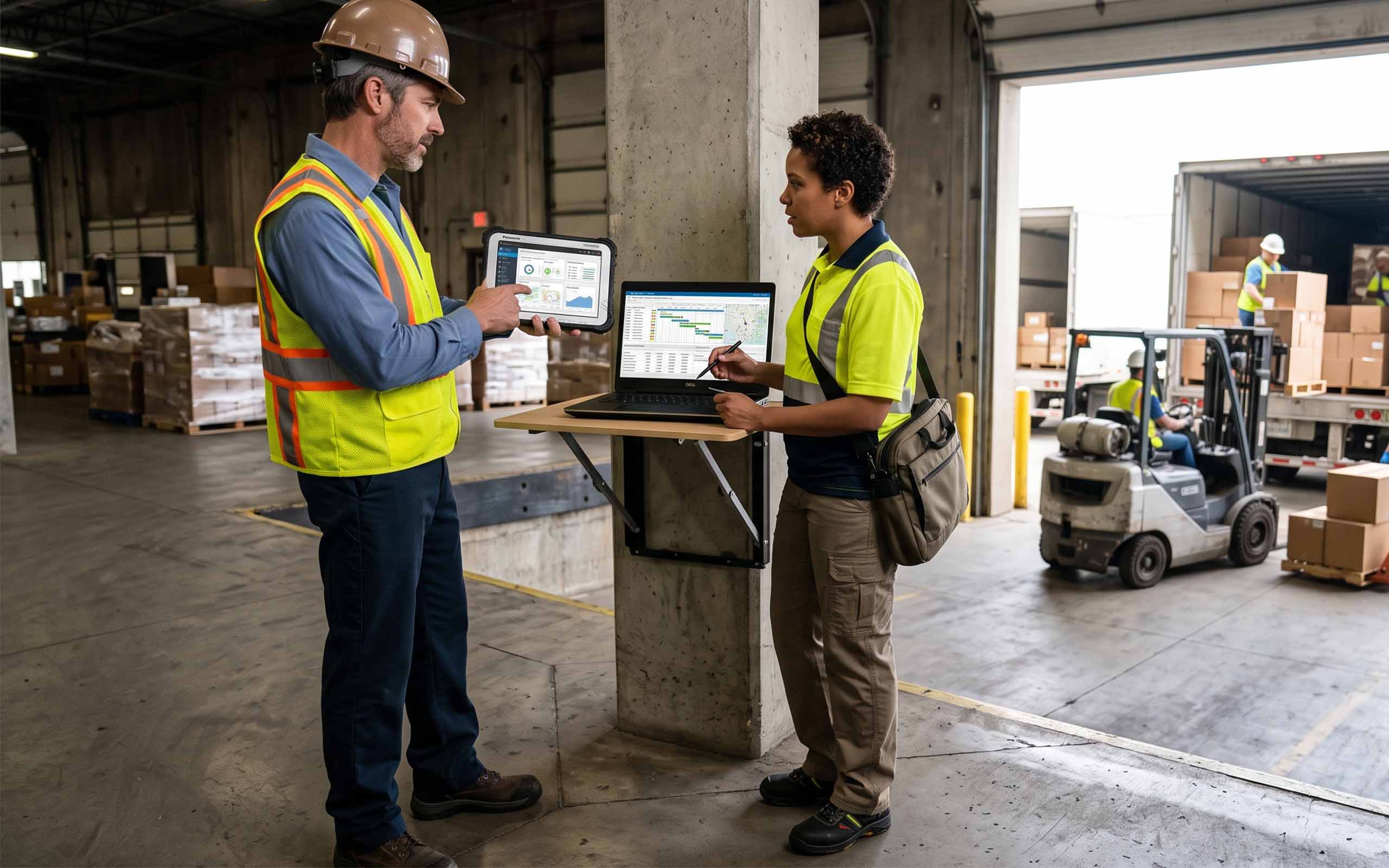 Two warehouse workers review data on a tablet and laptop beside a truck being loaded.