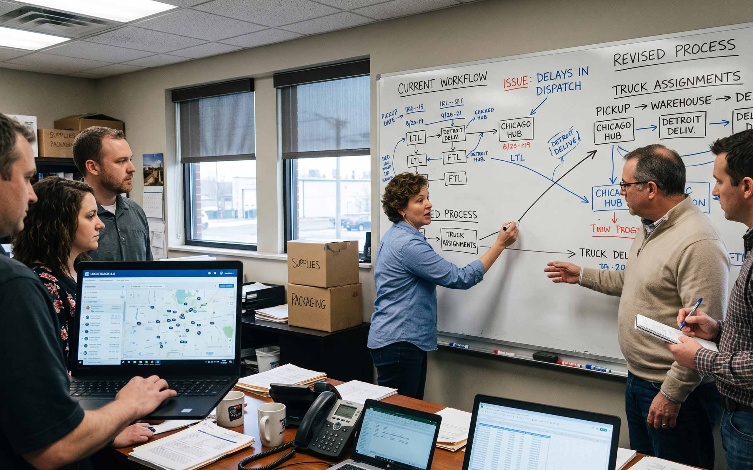 Logistics team maps a revised dispatch process on a whiteboard, illustrating a step in the digital transformation maturity model.