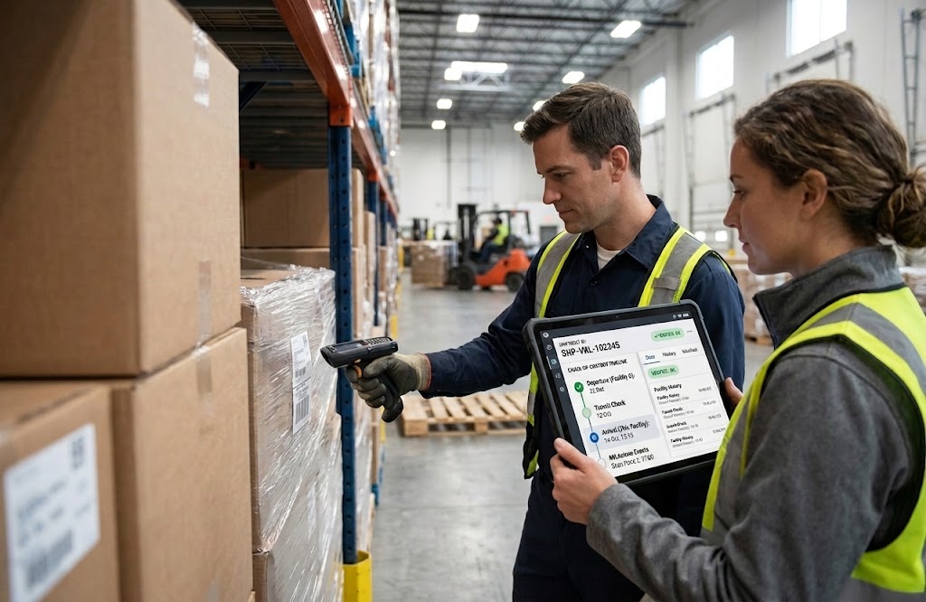 Warehouse workers scanning a pallet label and reviewing its shipment chain of custody on a tablet.