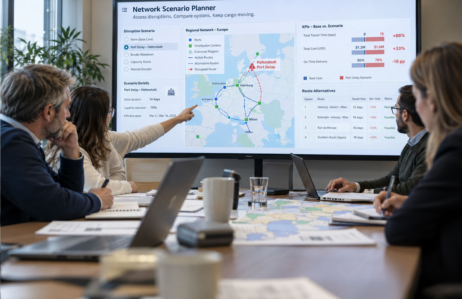 Logistics team comparing alternative routes of a simulated port delay.
