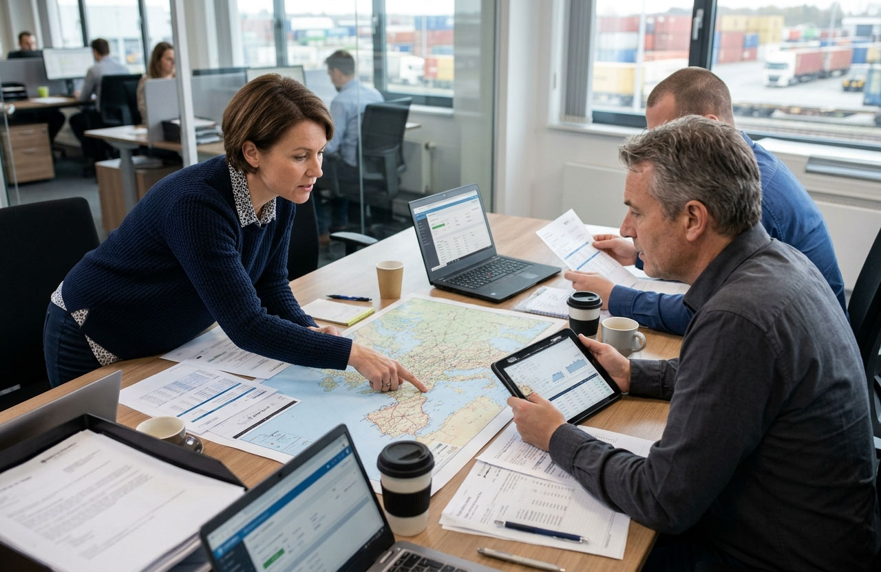 Logistics team reviewing transportation routes on a map alongside shipment data and reports.