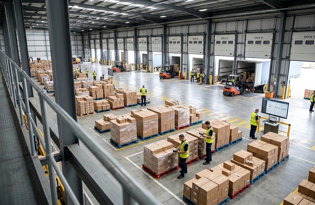 Warehouse workers scanning palletized shipments.