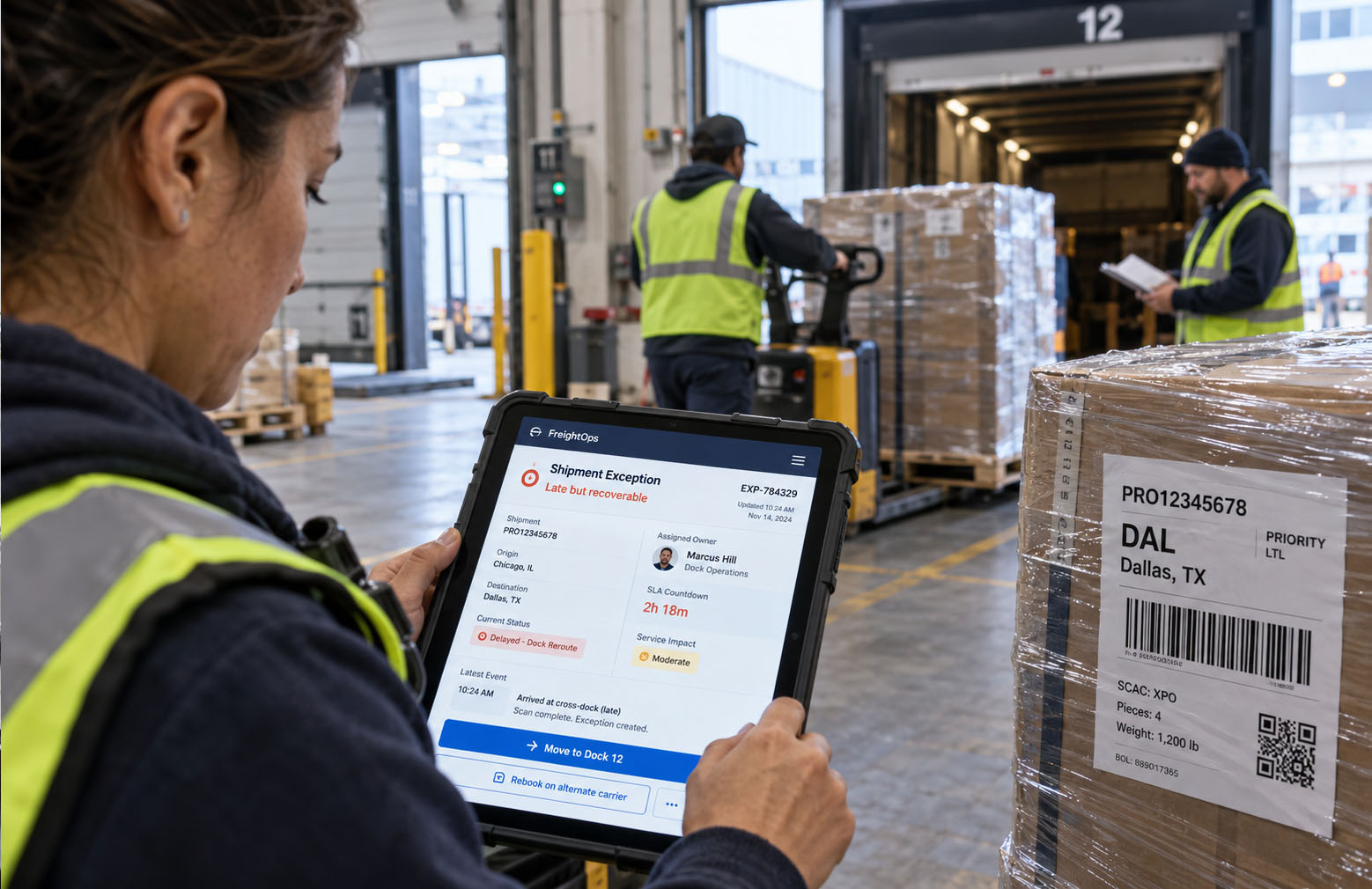 Warehouse worker reviewing a shipment delay alert and dock rerouting options on a tablet.