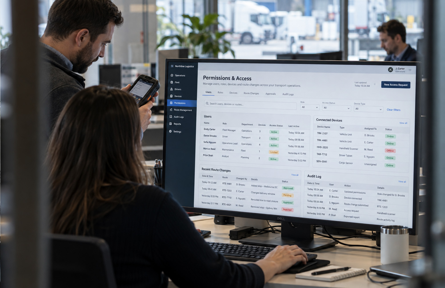 Logistics staff reviewing user permissions, connected devices, route approvals, and audit logs.