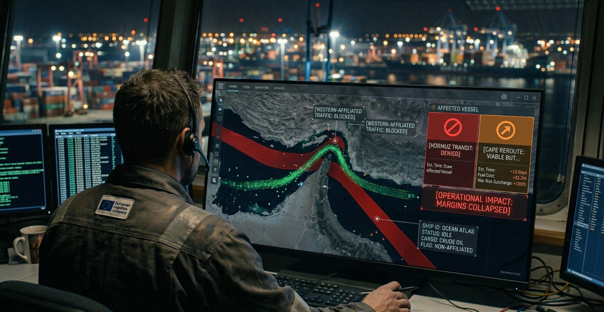 Logistics operator viewing a Strait of Hormuz map with blocked transit alerts and rerouting cost estimates.
