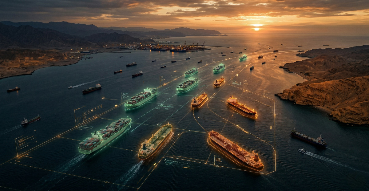 Cargo ships and tankers in a strait at sunset, with digital overlays showing vessel tracking and routes.