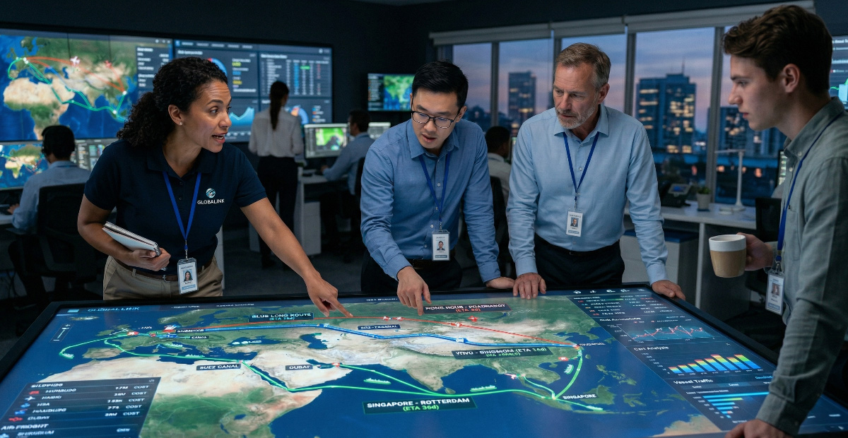 Logistics team comparing alternative shipping routes on an interactive map in a control room.
