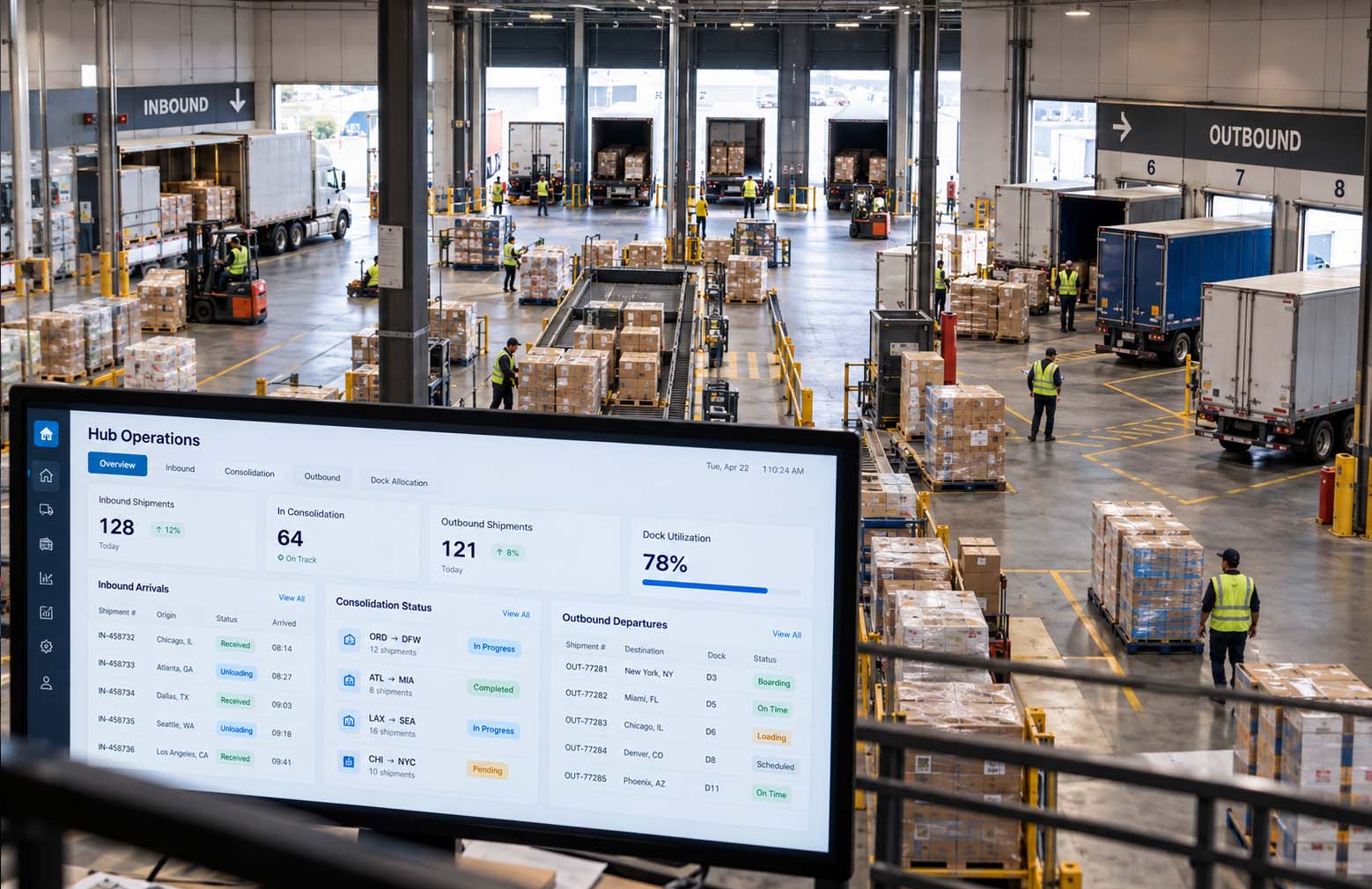 Distribution hub with inbound and outbound trucks, pallet handling, and a shipment consolidation dashboard.
