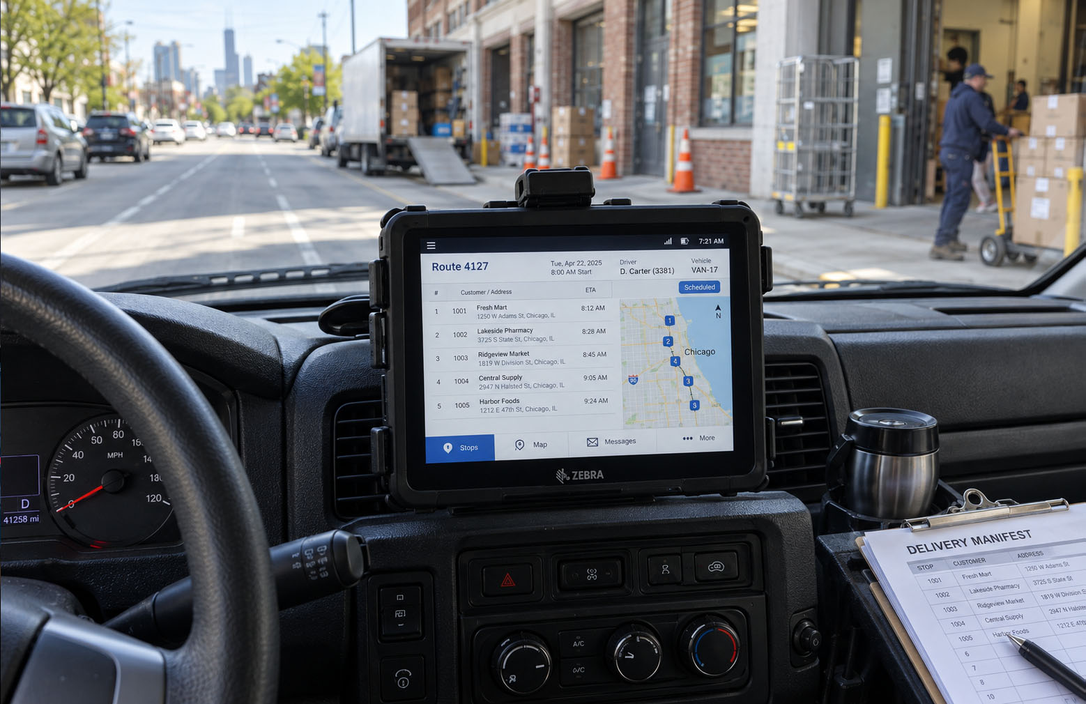 Dashboard-mounted tablet showing scheduled delivery stops and a route map inside a delivery vehicle.