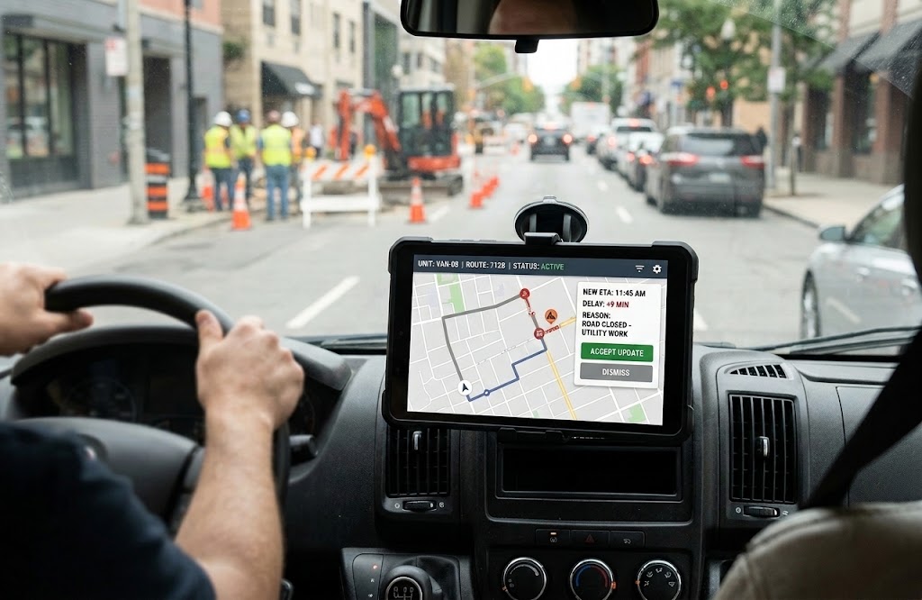 Driver approaching roadworks with a tablet displaying an updated route and ETA after a road closure.