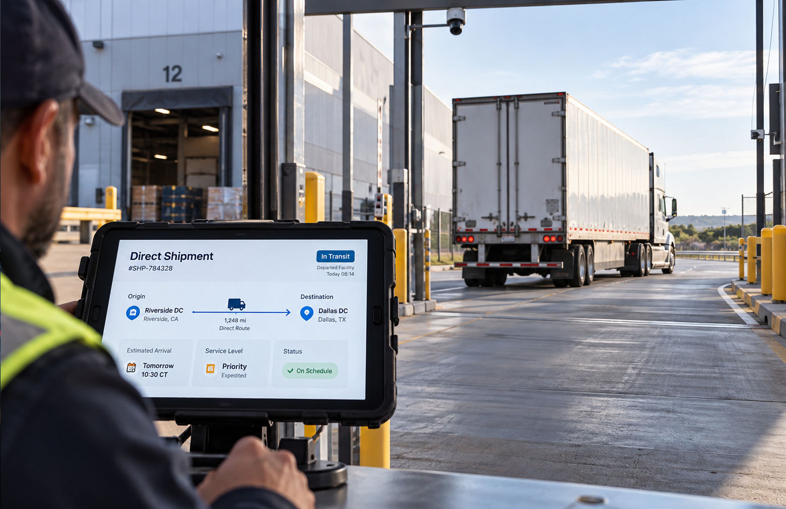 Warehouse worker checking a direct shipment route on a tablet as a truck leaves the facility.