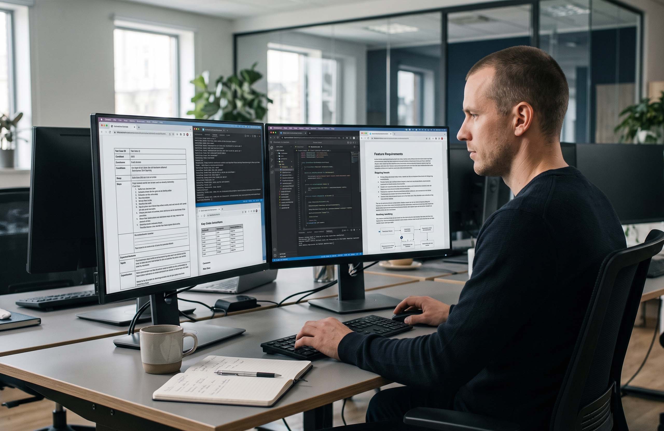 Software developer reviewing test cases, code, and feature requirements across dual monitors in a modern office.