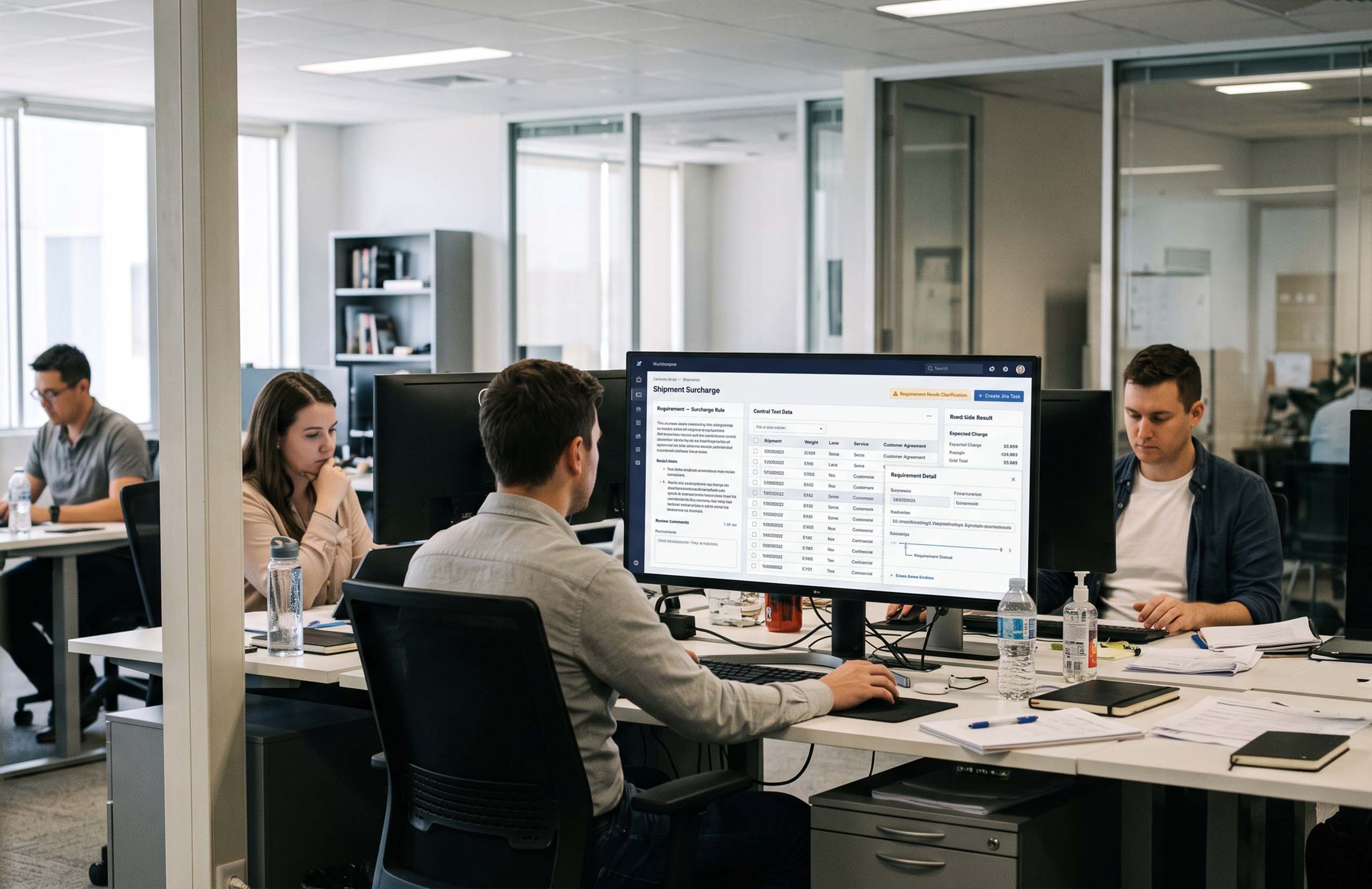 Logistics team working in an open-plan office, with a computer displaying shipment surcharge requirements and test results in a transportation management system.