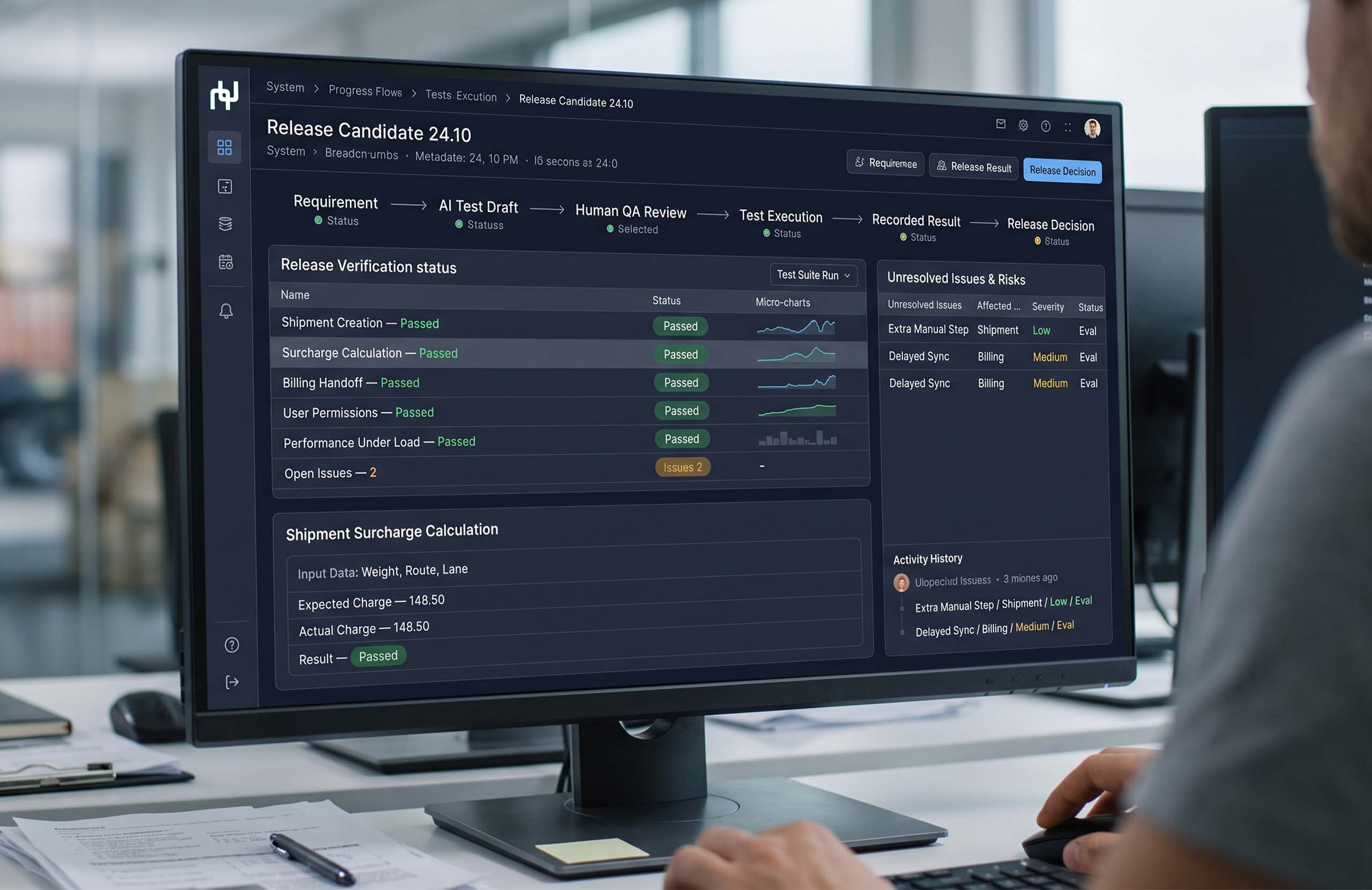 Computer screen displaying TMS software test results, including passed shipment workflows, surcharge calculations, unresolved issues, and release readiness status.