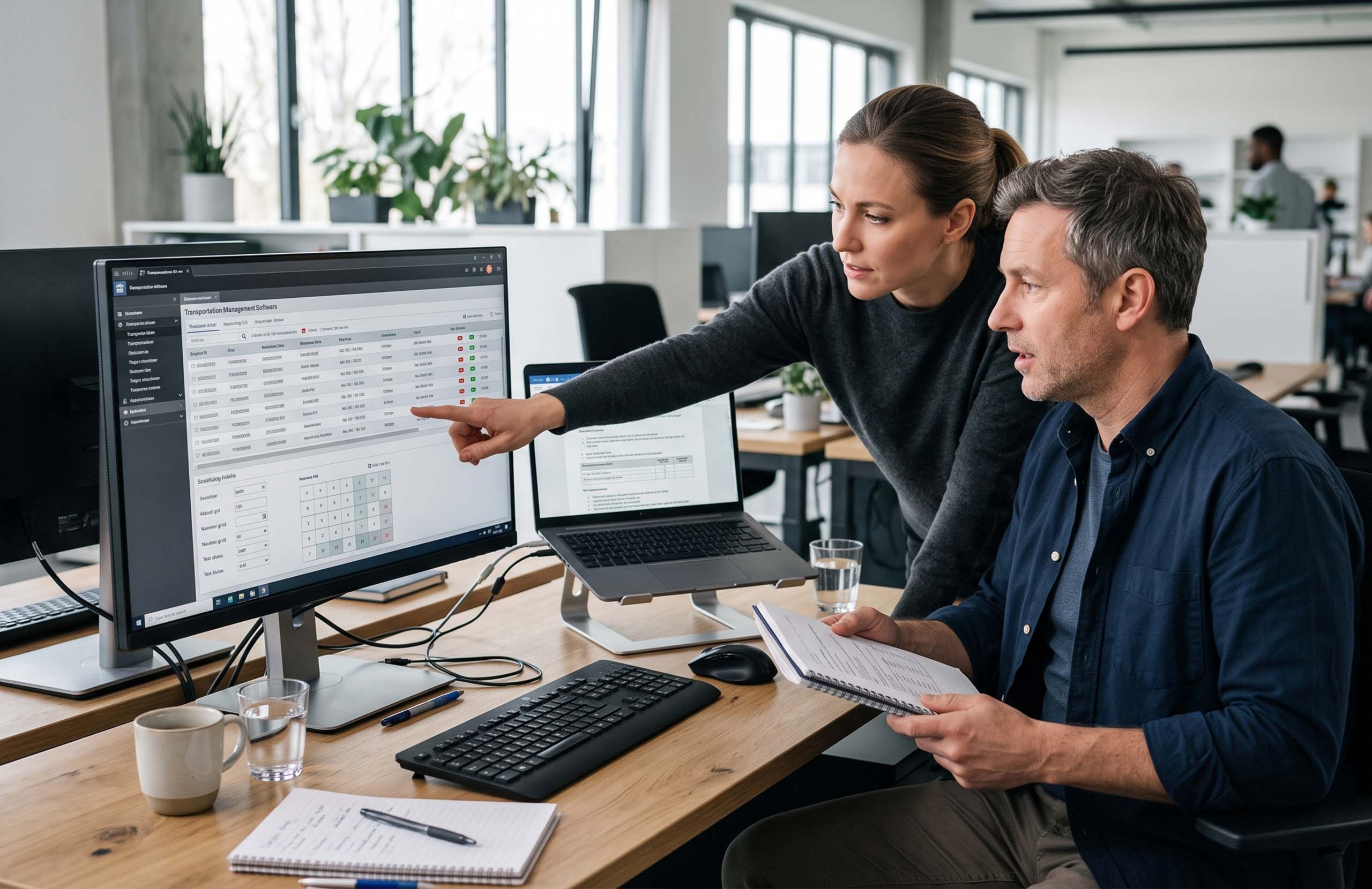 Two logistics professionals reviewing transportation management software test results and shipment records on a computer in a modern office.