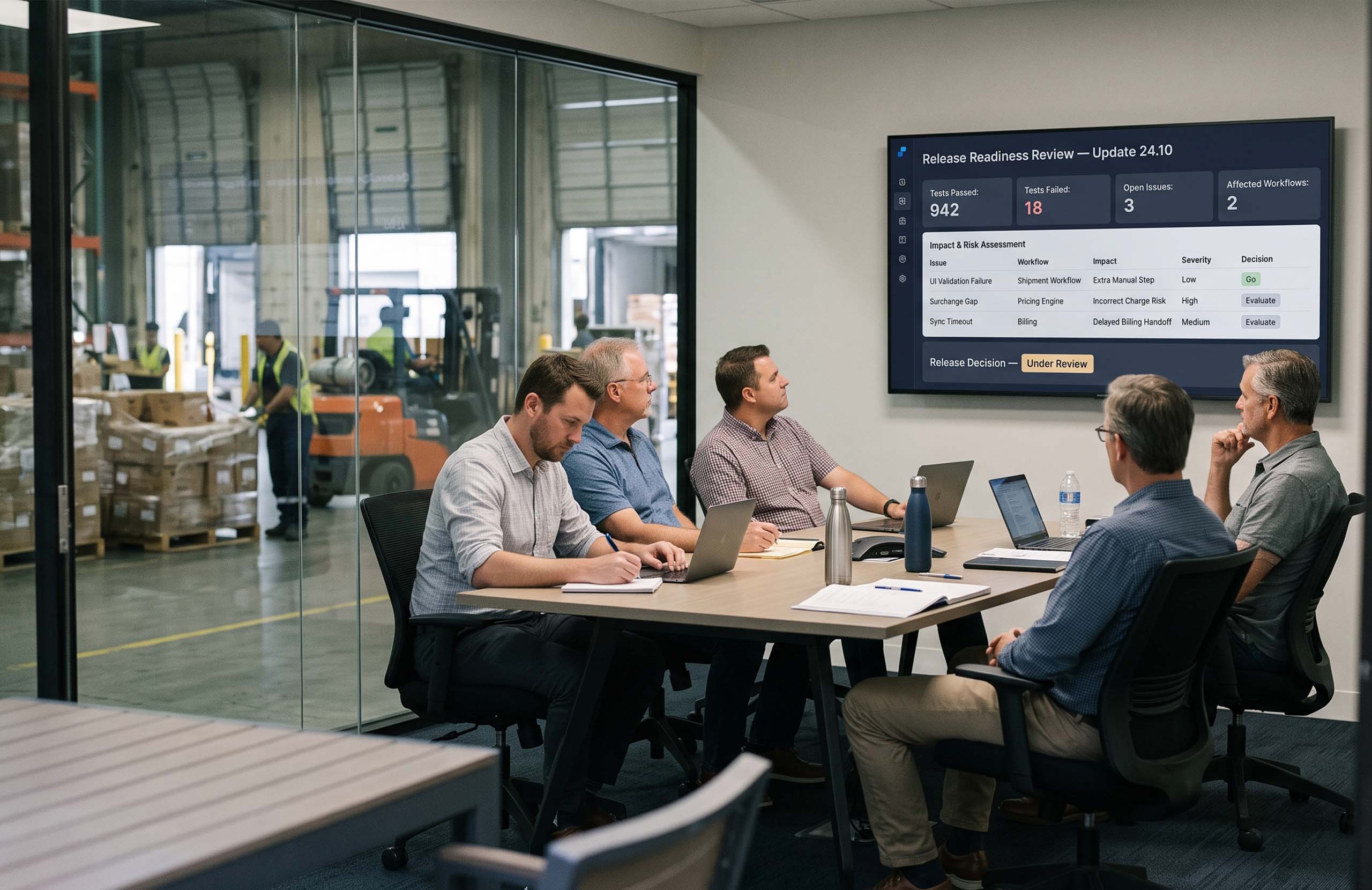Logistics management team reviewing TMS software update readiness, test results, and unresolved issues on a large screen in a meeting room overlooking a warehouse.