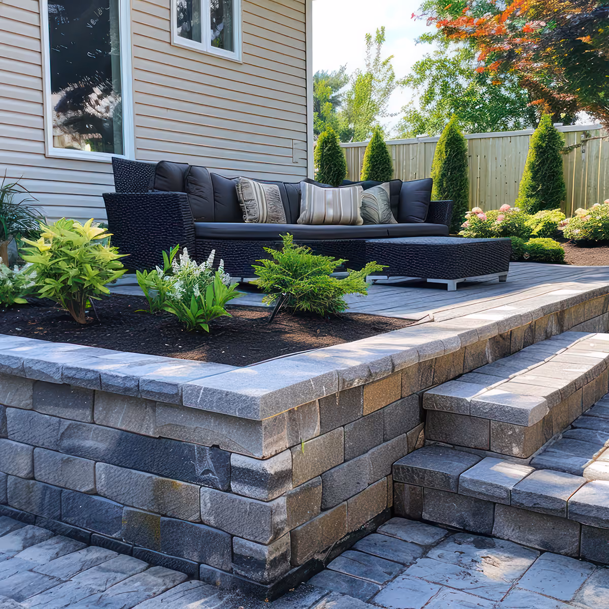 Backyard paver patio designed for outdoor living and entertaining
