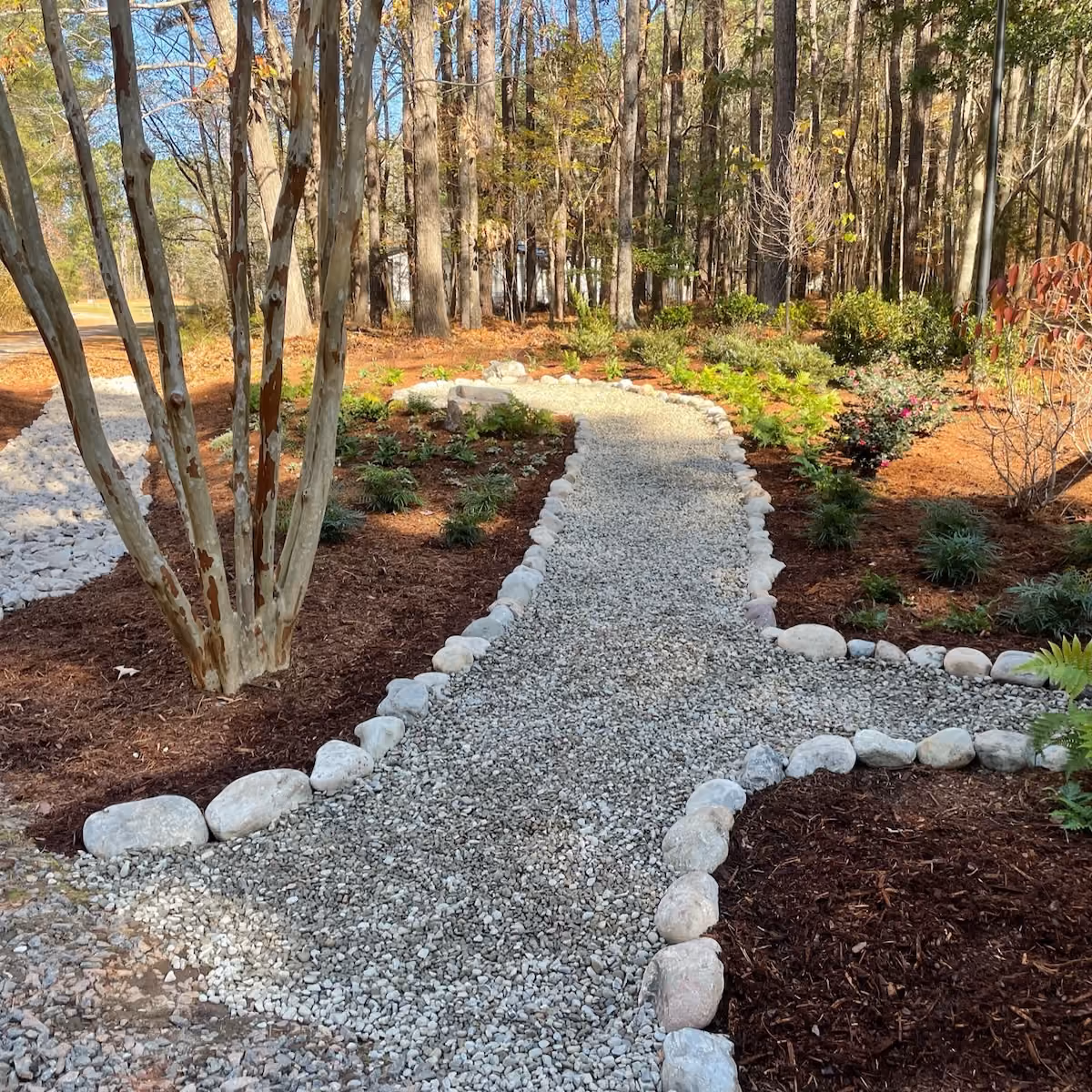 Custom paver walkway surrounded by professional landscaping
