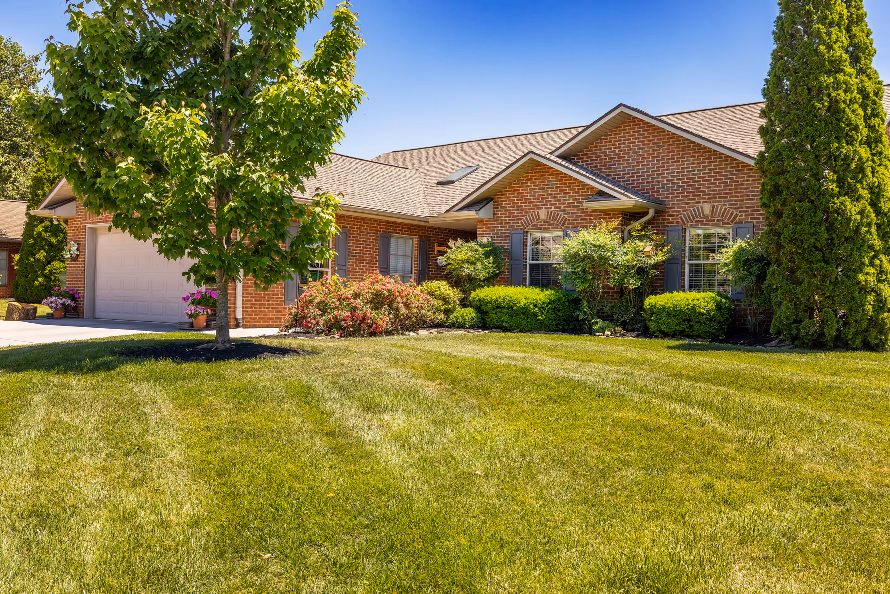 Single-story brick house with a green lawn, a tree, shrubs, and a clear blue sky.
